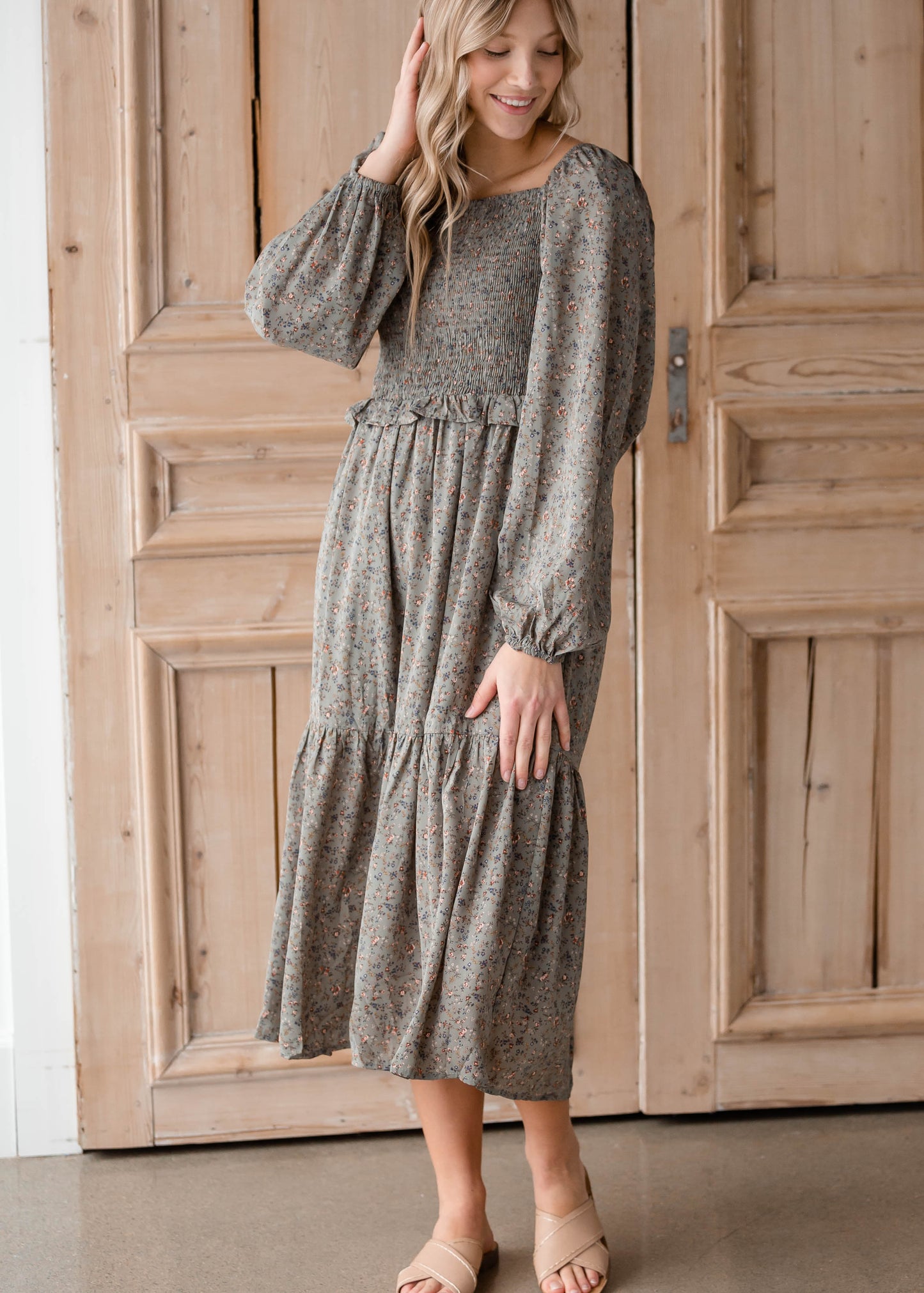 Square Neck Smocked Midi Dress Dresses Hayden