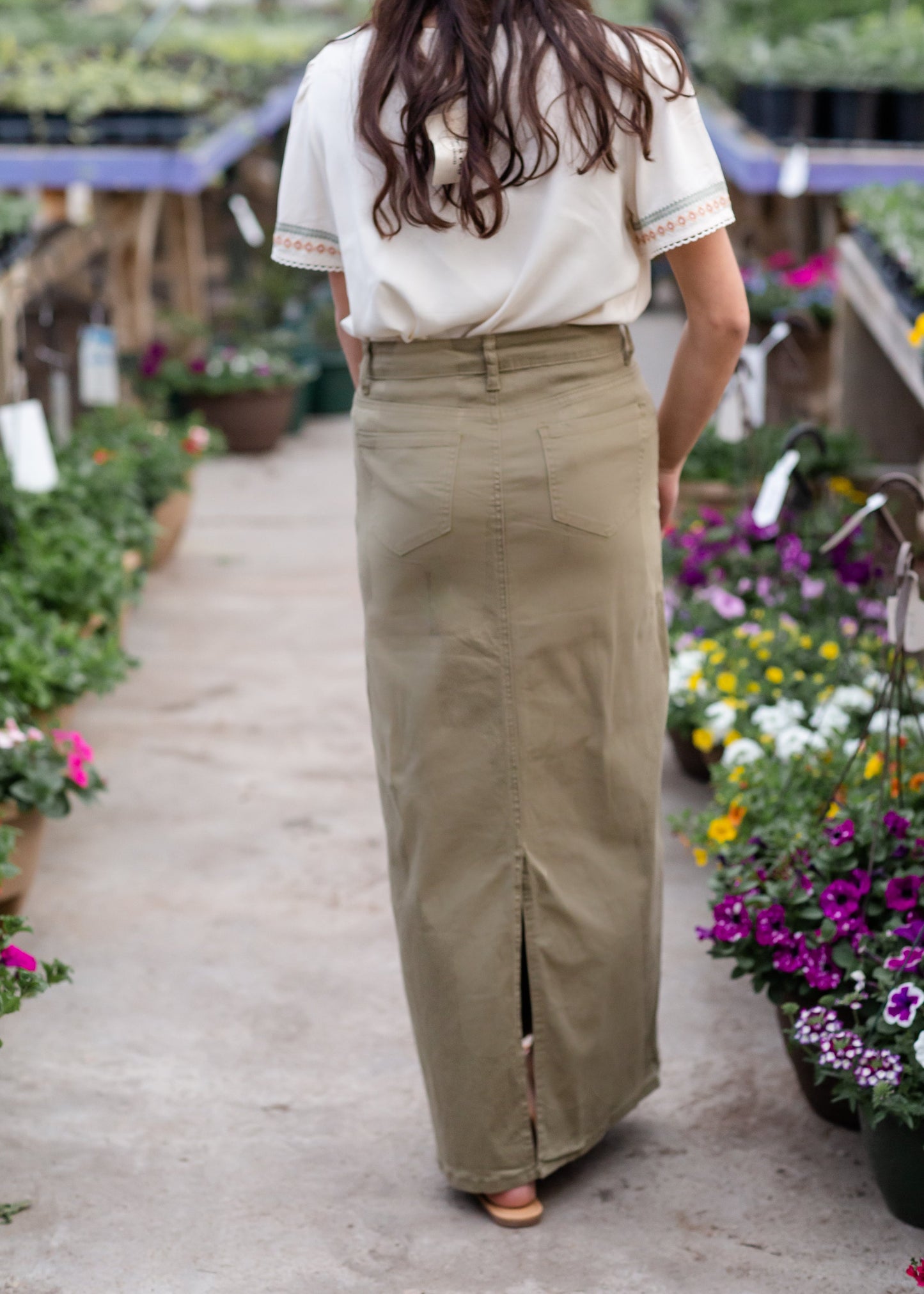 Stella Moss Olive Long Denim Maxi Skirt Inherit Co.