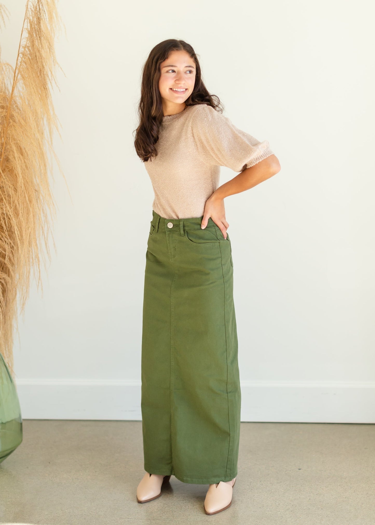 Stella Olive Green Long Denim Maxi Skirt - FINAL SALE Skirts