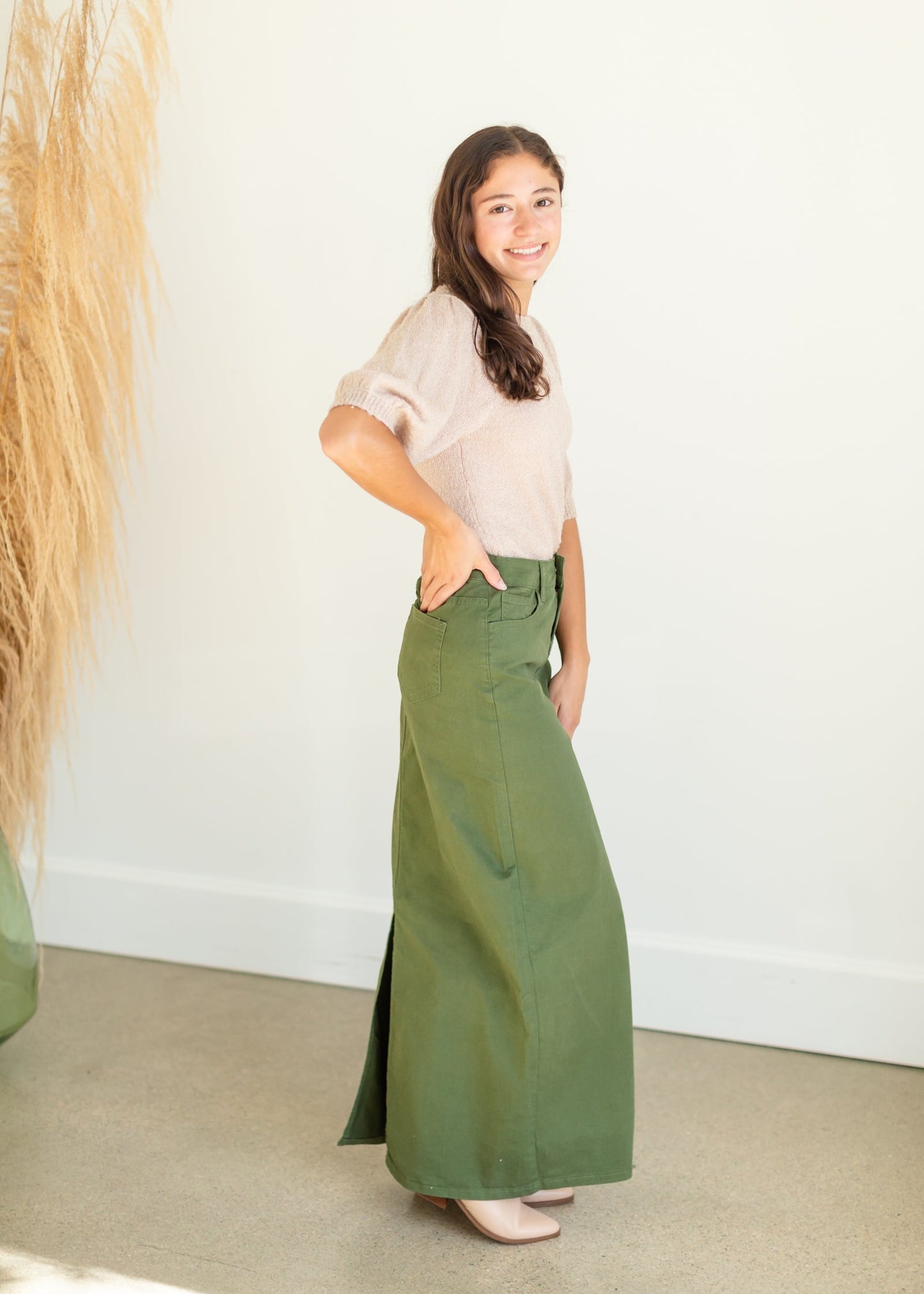 Stella Olive Green Long Denim Maxi Skirt - FINAL SALE Skirts