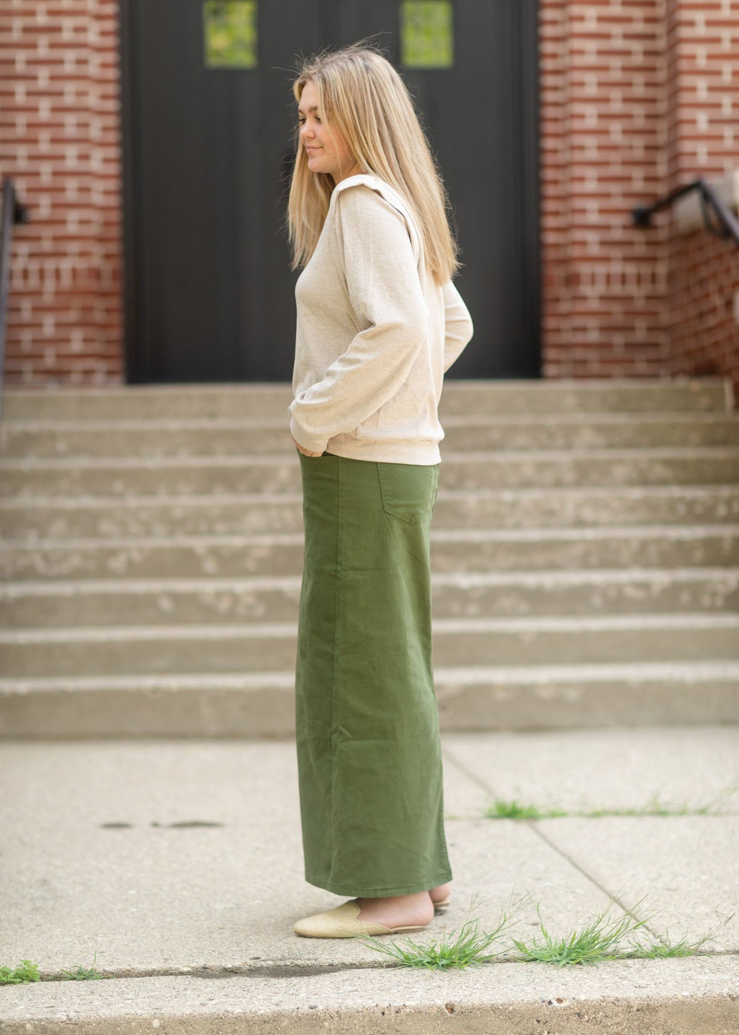 Stella Olive Green Long Denim Maxi Skirt Skirts Inherit