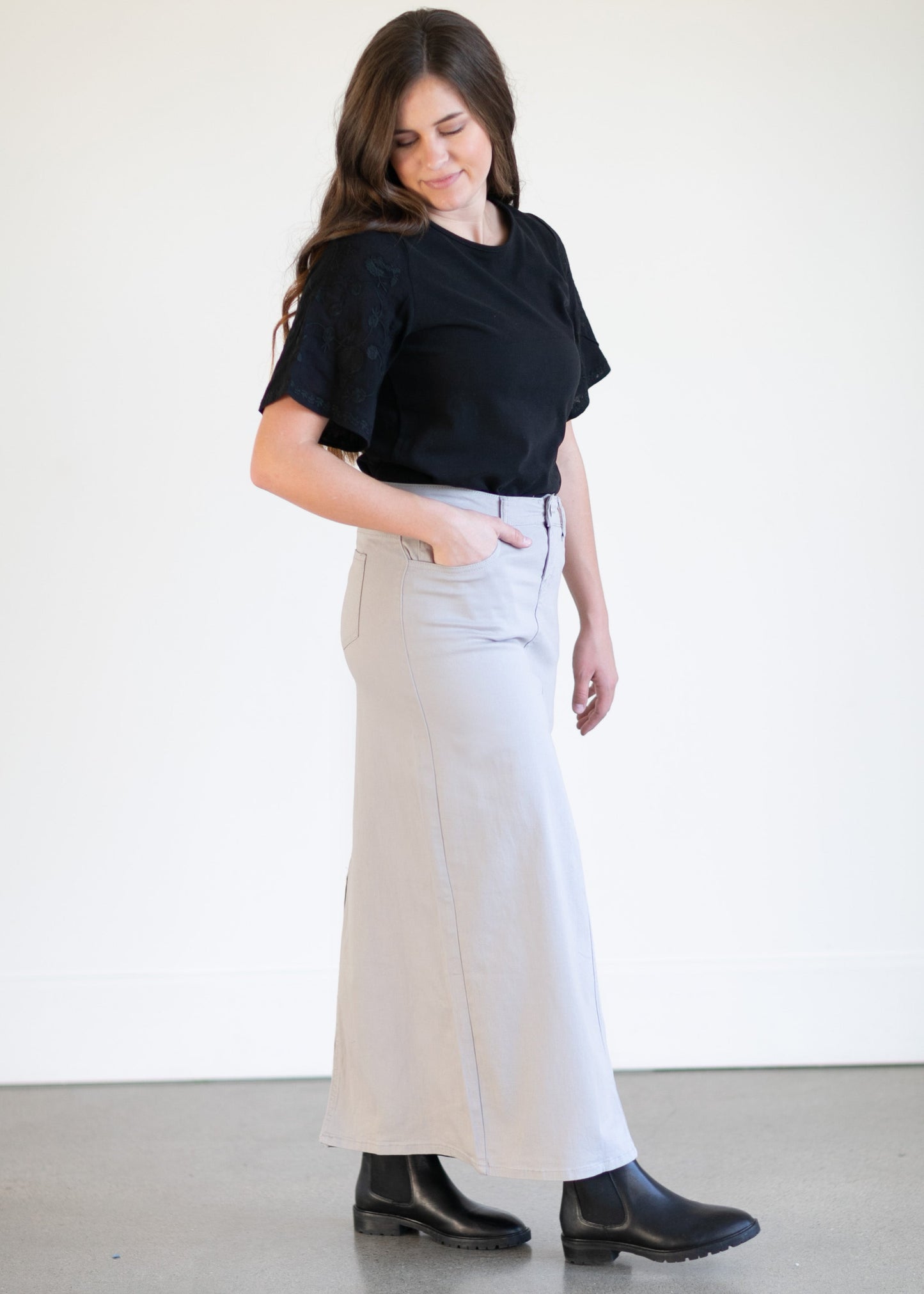 Stella Stone Gray Long Denim Maxi Skirt - FINAL SALE Skirts