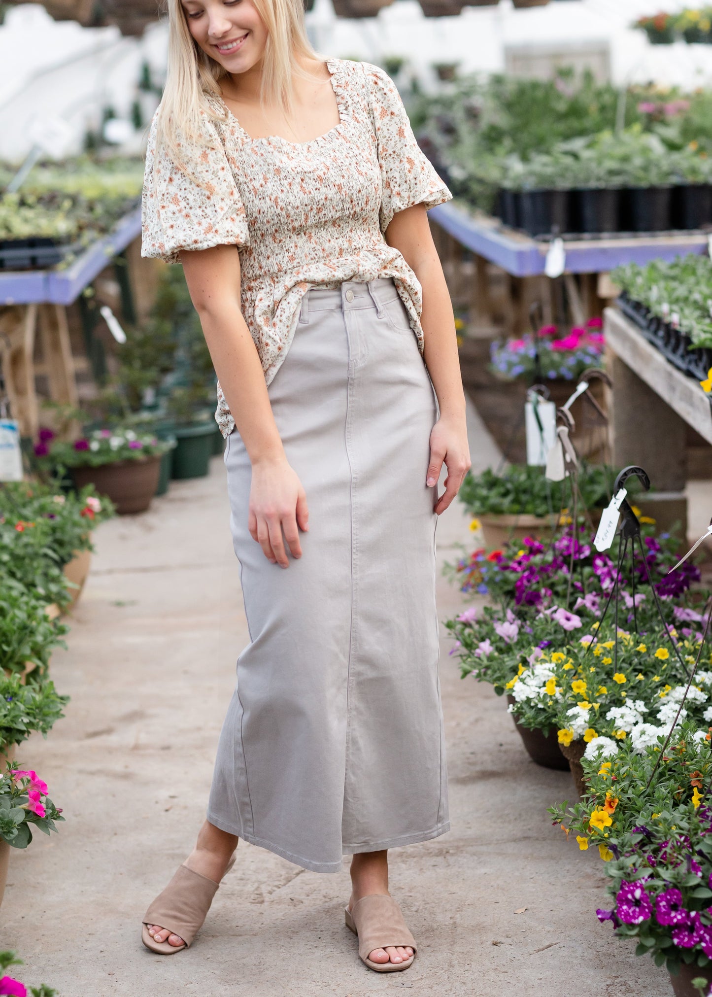 This Inherit original is classic + simple. The Stella Stone Gray Long Denim Maxi Skirt is a wardrobe staple, and one of our best sellers, we're so happy it is back! The moss olive long denim is accented by stitching and the pockets include a simple and elegant design. The straight and simple style is graced with a back slit below the knees for easy walking. No details were missed with this skirt!