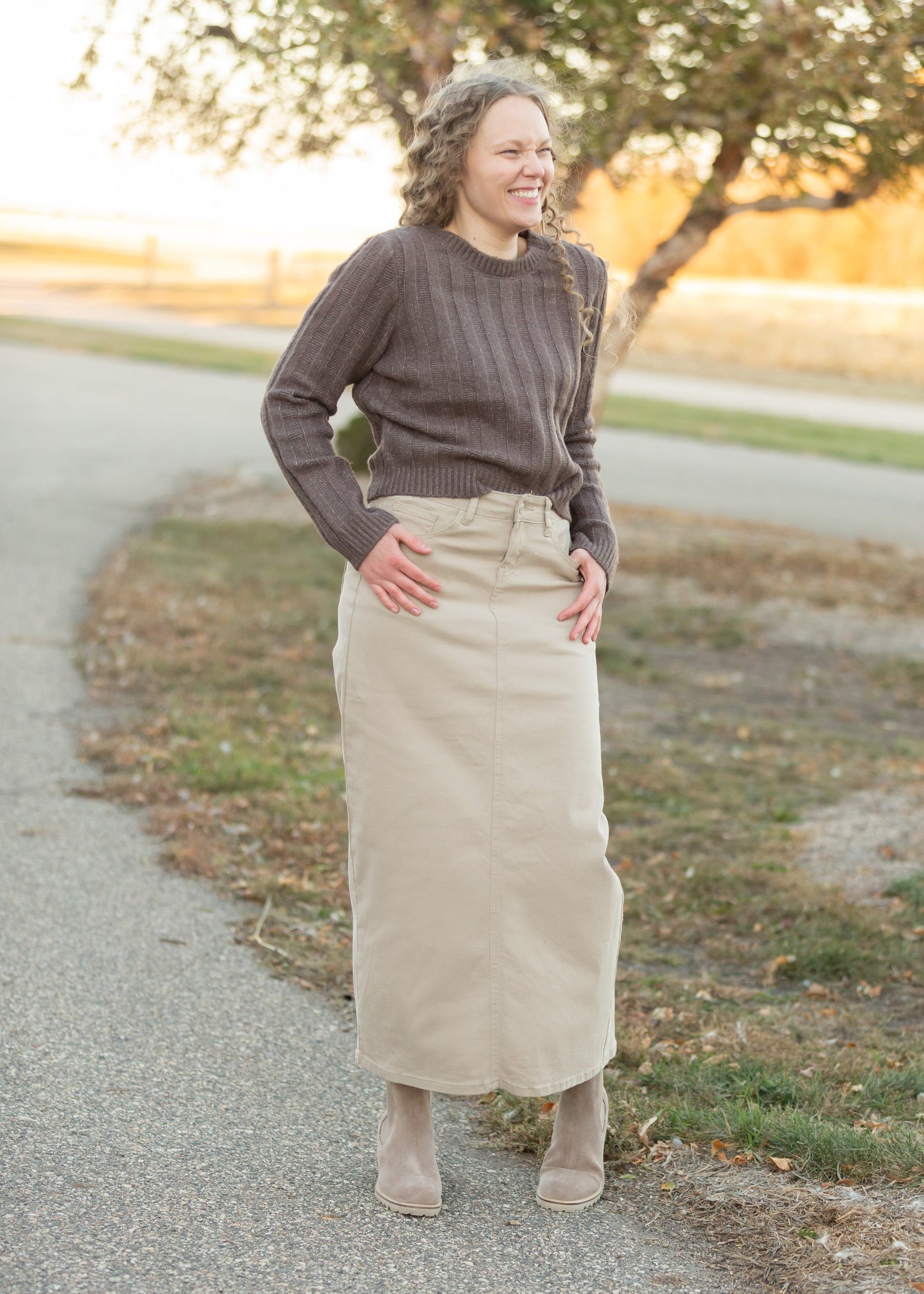 Stella Tawny Taupe Long Denim Maxi Skirt Skirts