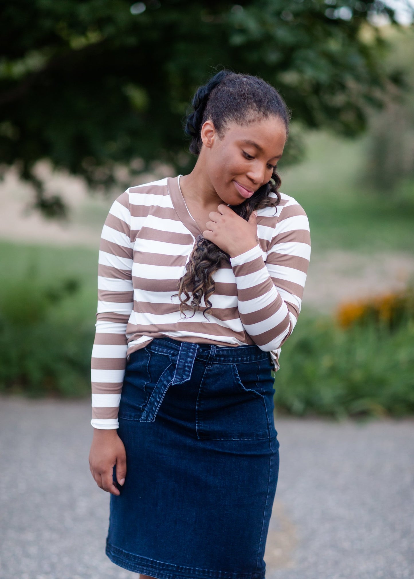 Stripe Faux Button Top Tops BomBom