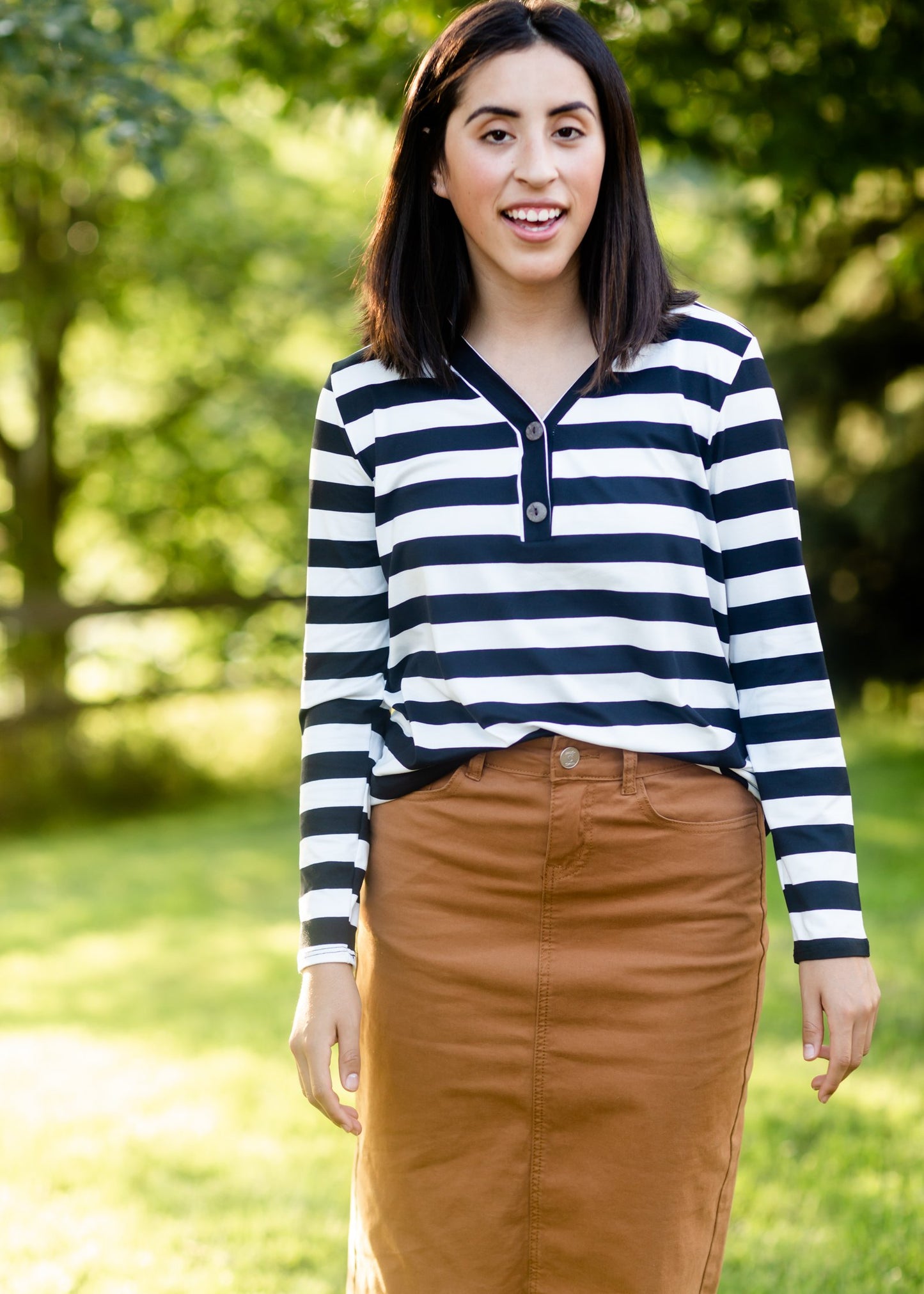 Stripe Faux Button Top Tops BomBom