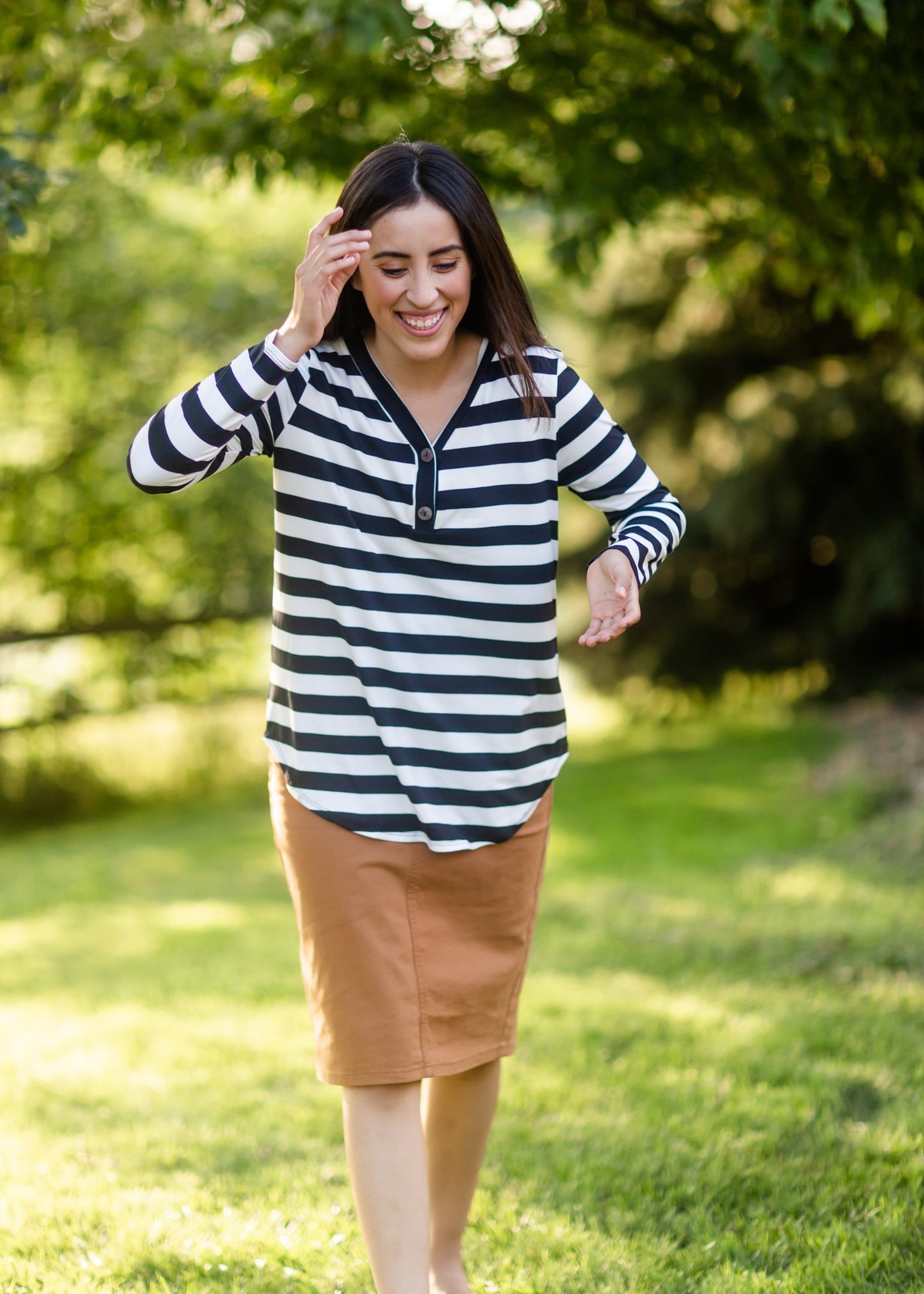 Stripe Faux Button Top Tops BomBom