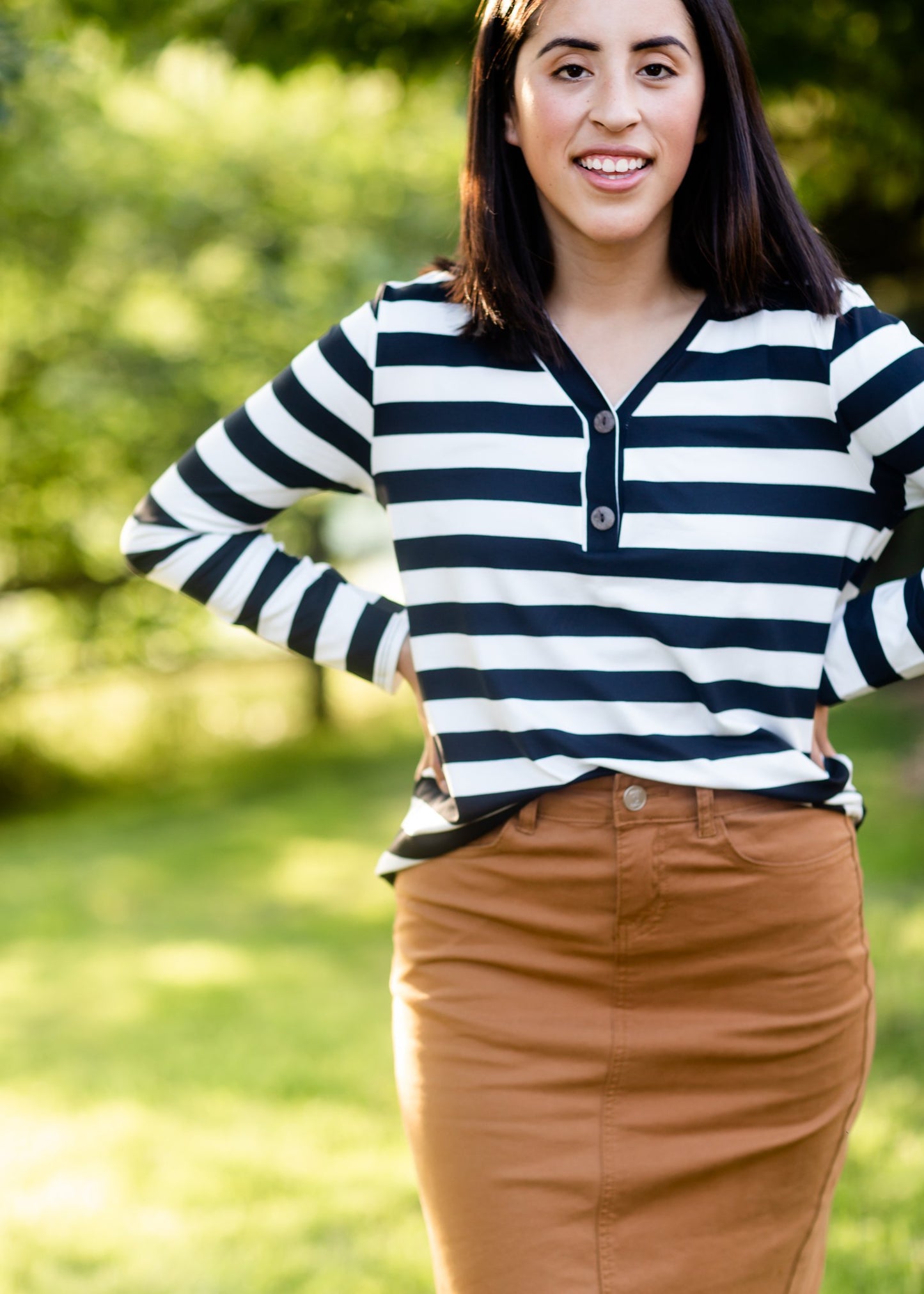 Stripe Faux Button Top Tops BomBom