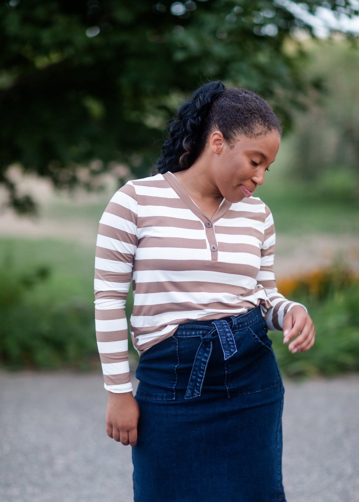Stripe Faux Button Top Tops BomBom