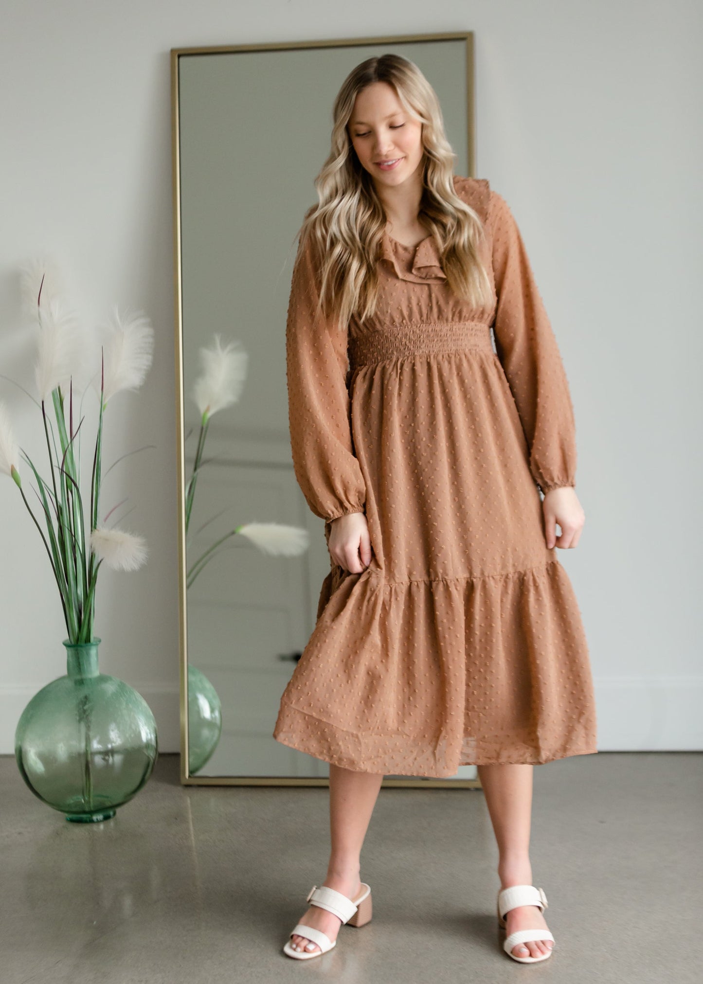 Swiss Dot Midi Dress With Ruffle Detail Dresses Polagram & BaeVely Brown / S