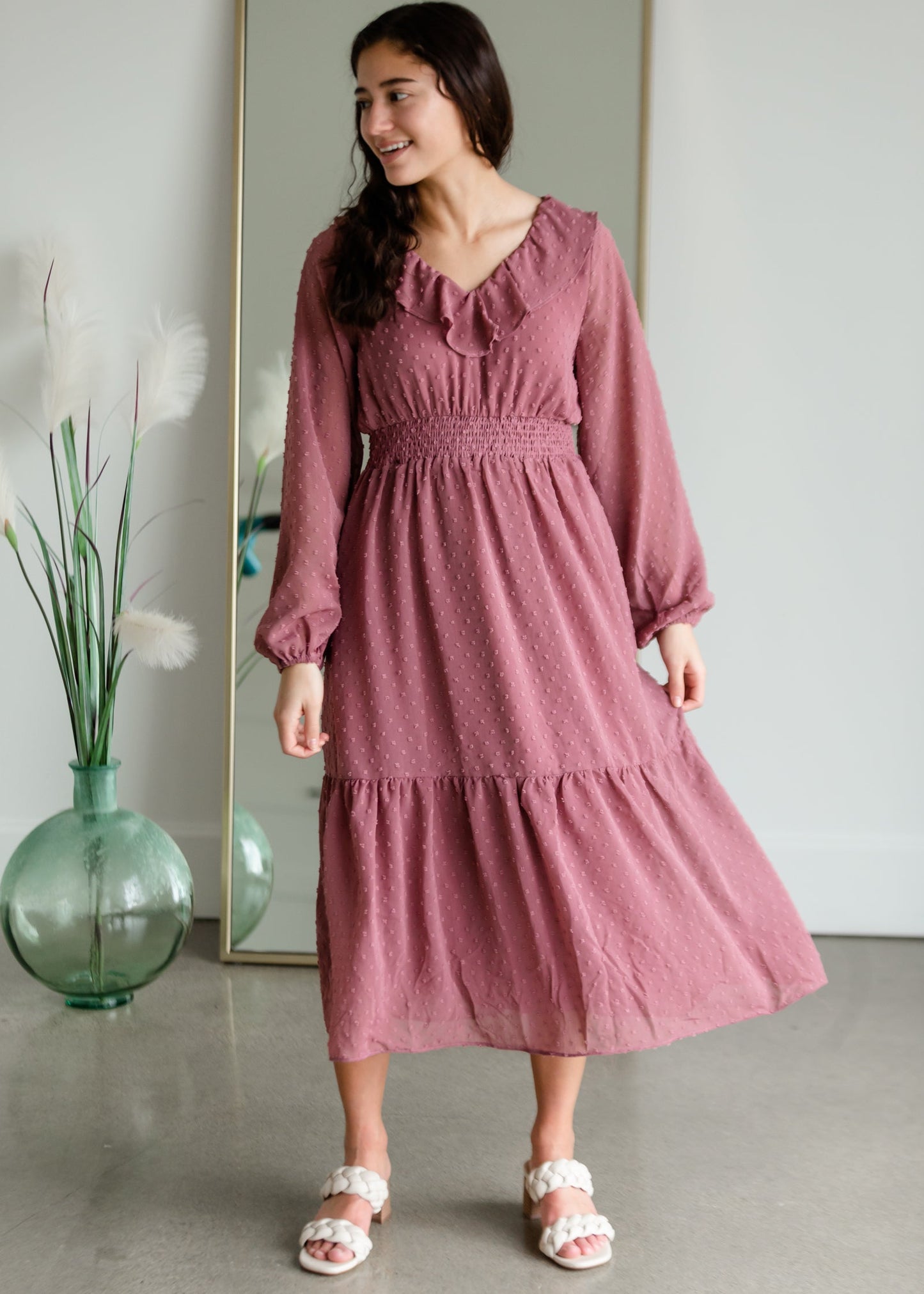Swiss Dot Midi Dress With Ruffle Detail Dresses Polagram & BaeVely