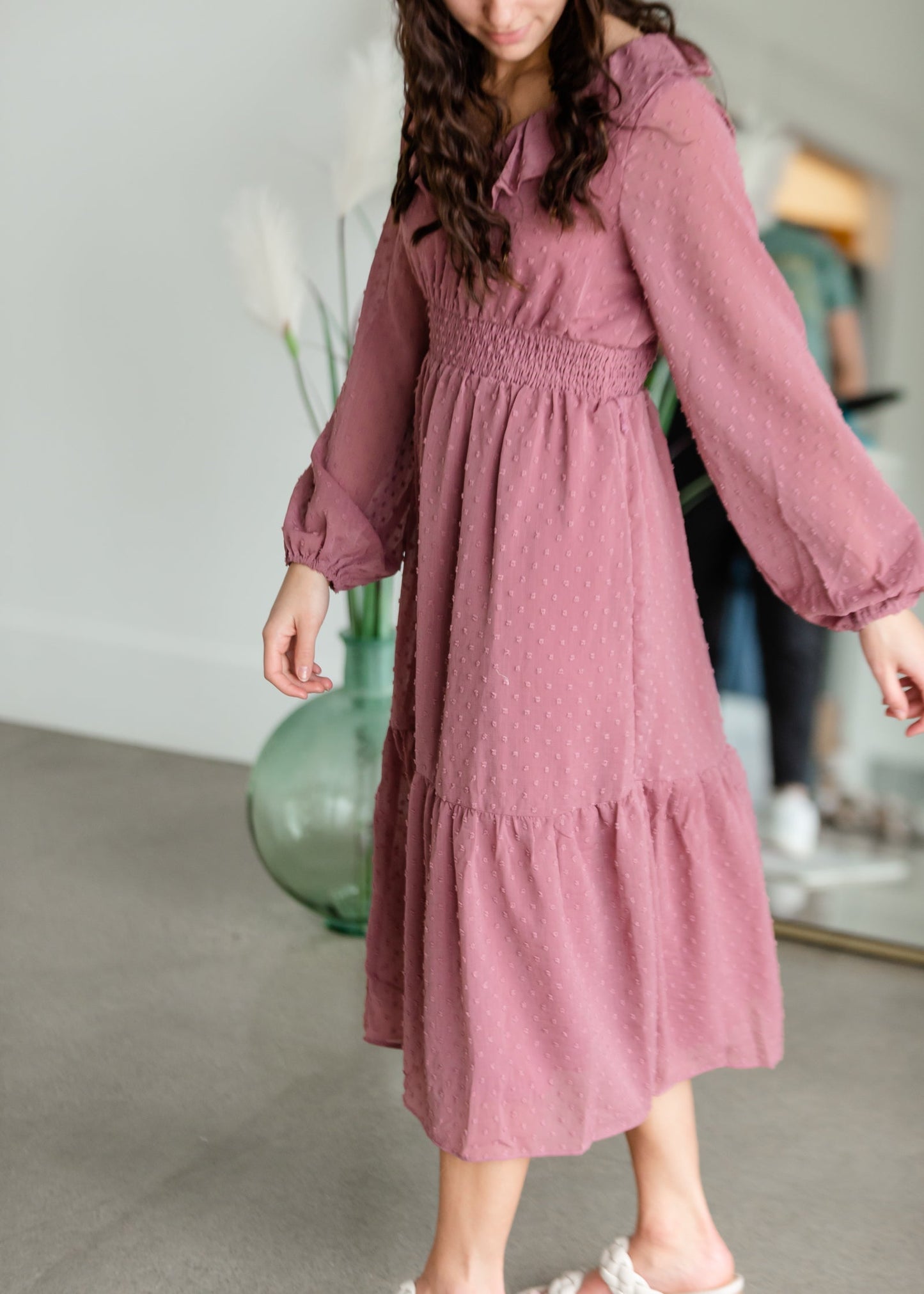 Swiss Dot Midi Dress With Ruffle Detail Dresses Polagram & BaeVely