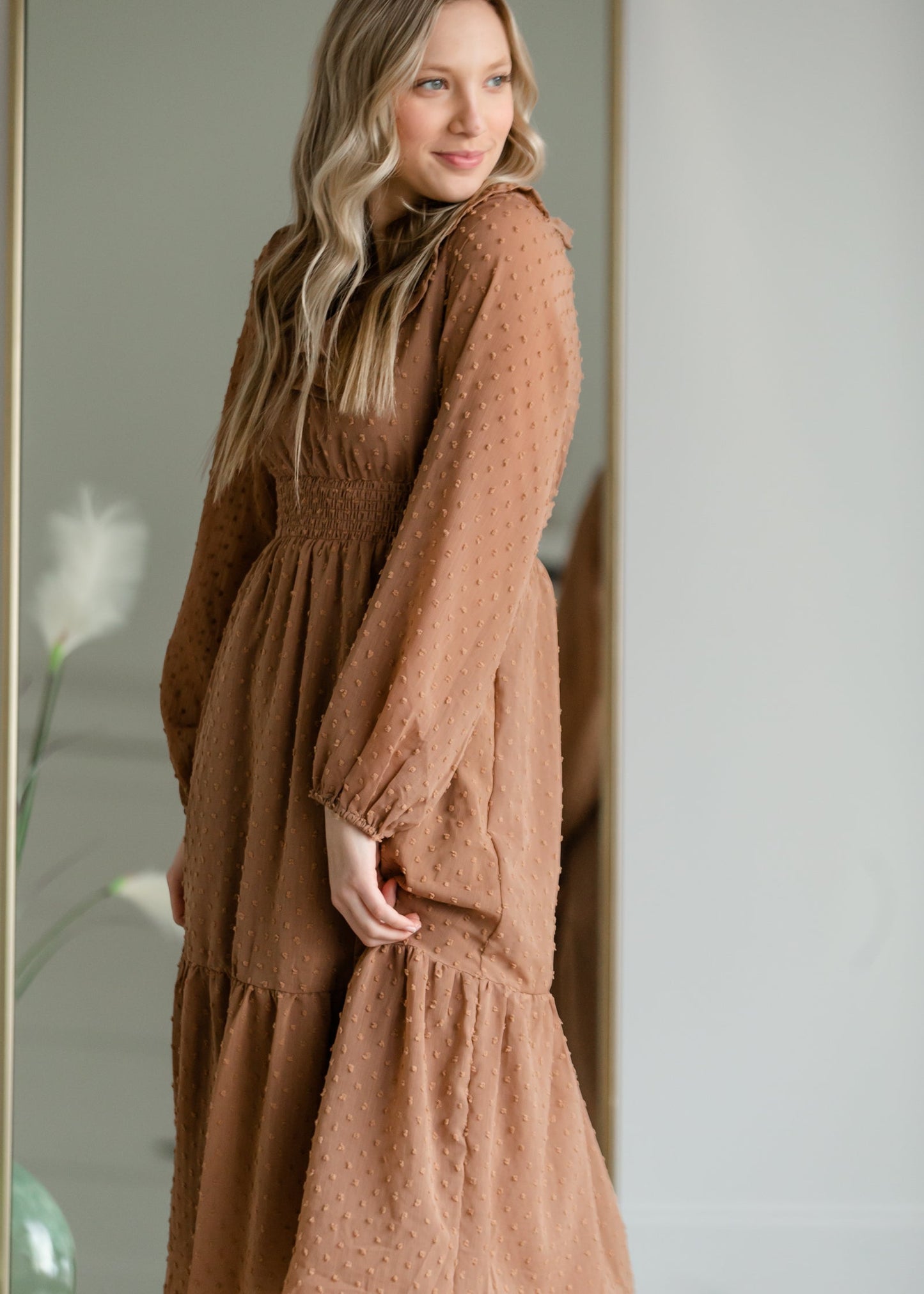 Swiss Dot Midi Dress With Ruffle Detail Dresses Polagram & BaeVely
