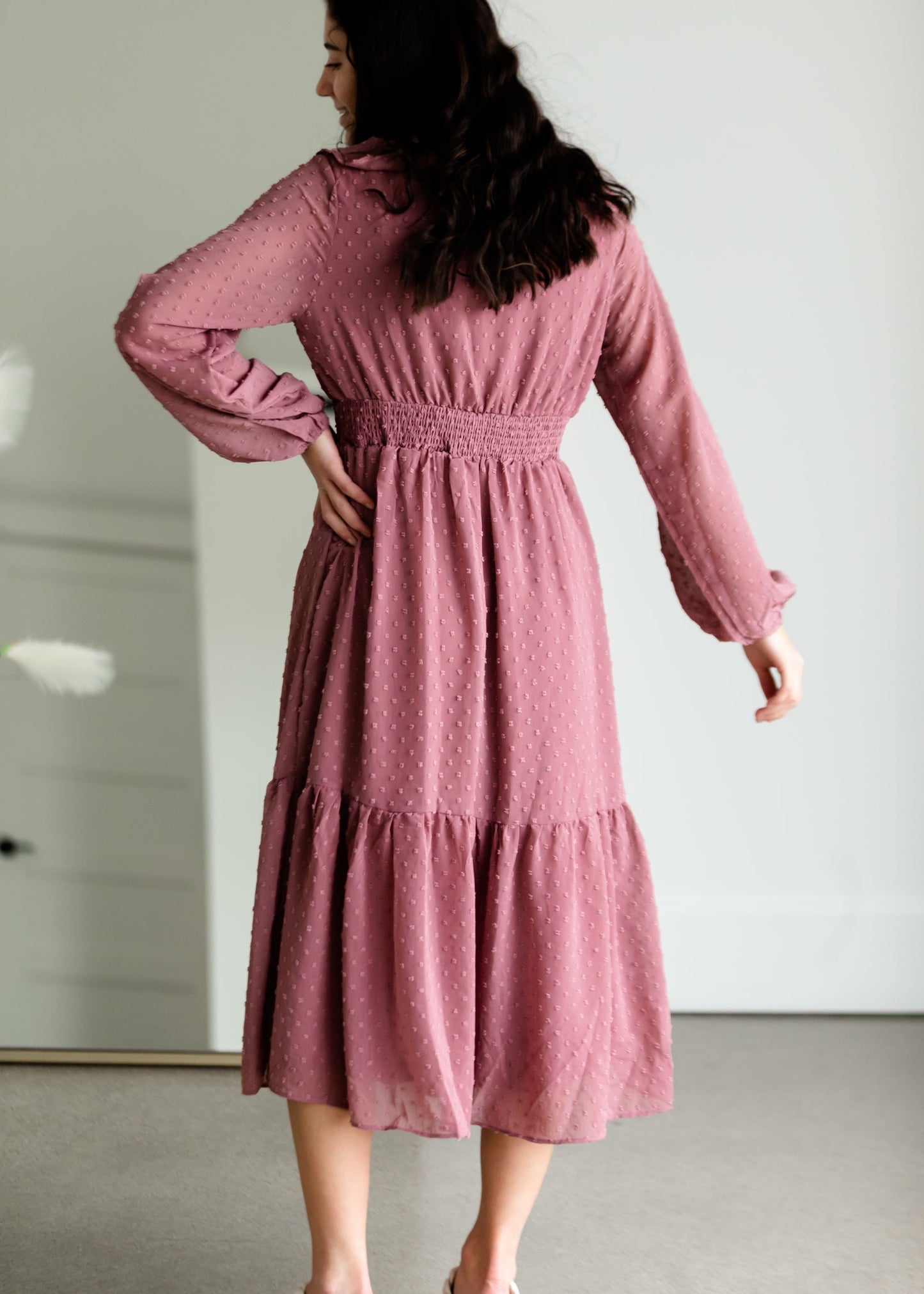 Swiss Dot Midi Dress With Ruffle Detail Dresses Polagram & BaeVely
