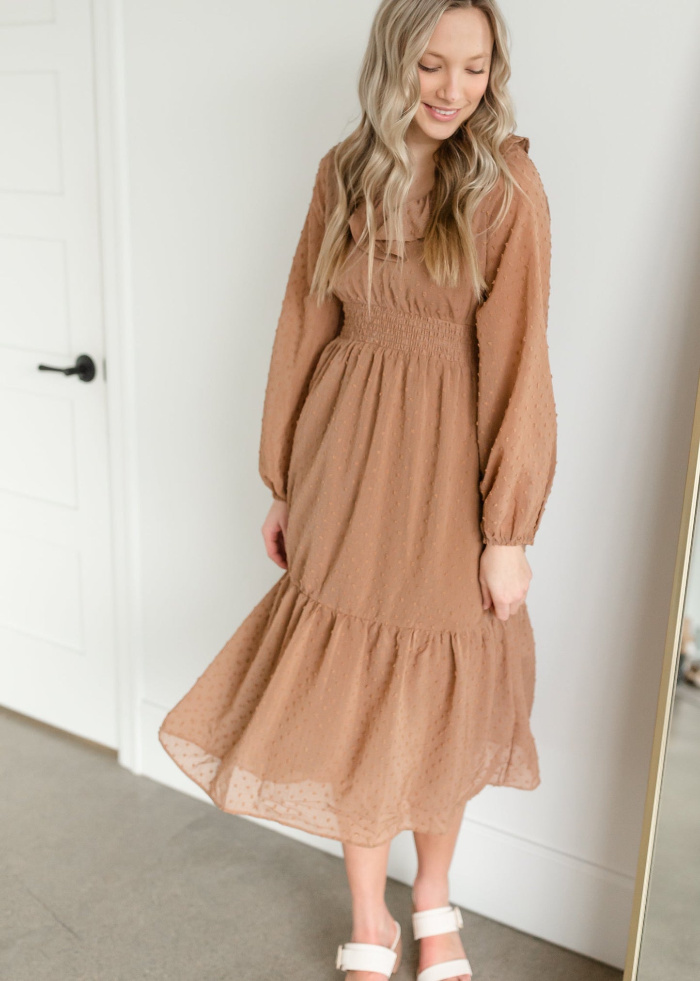 Swiss Dot Midi Dress With Ruffle Detail Dresses Polagram & BaeVely