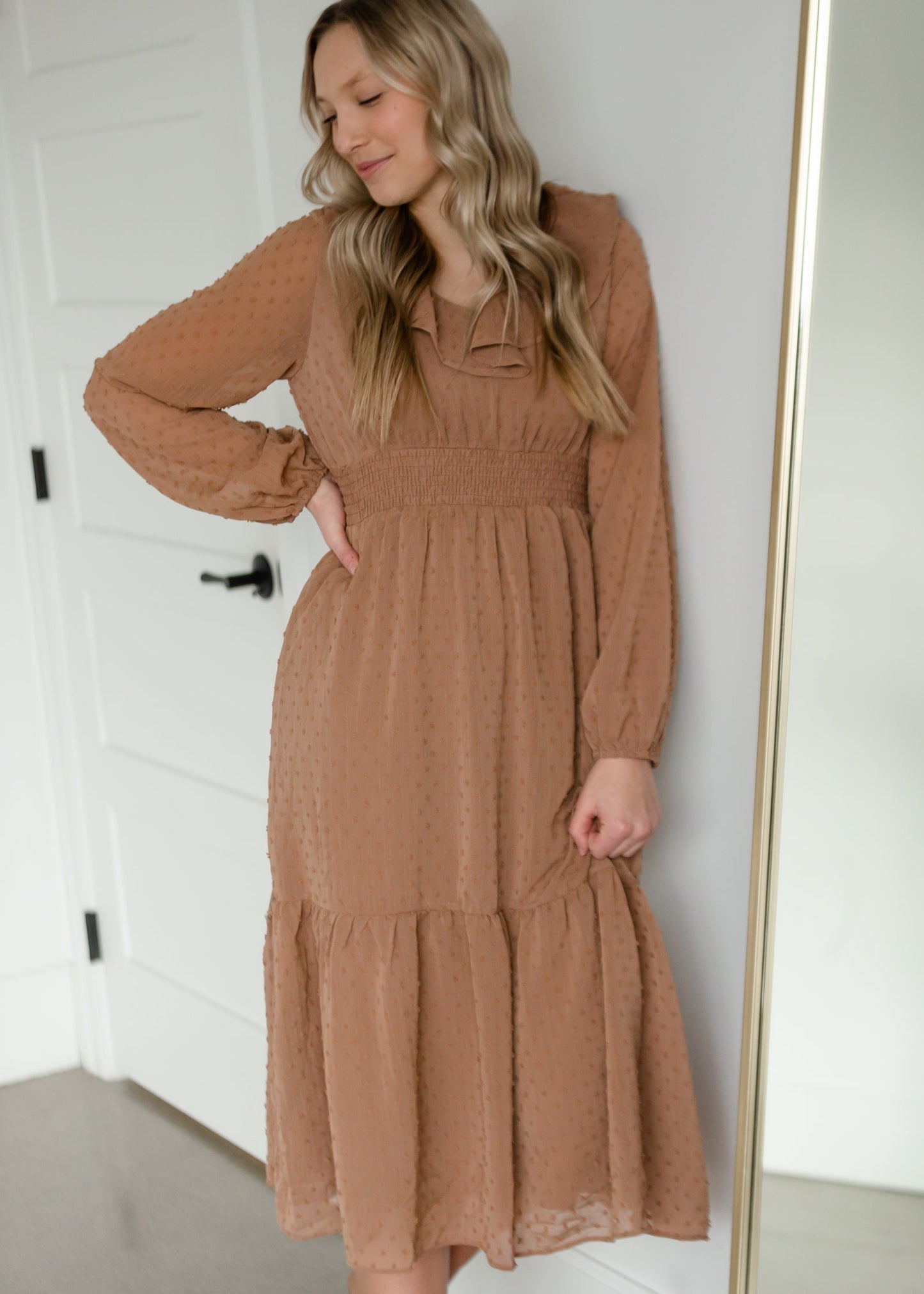 Swiss Dot Midi Dress With Ruffle Detail Dresses Polagram & BaeVely
