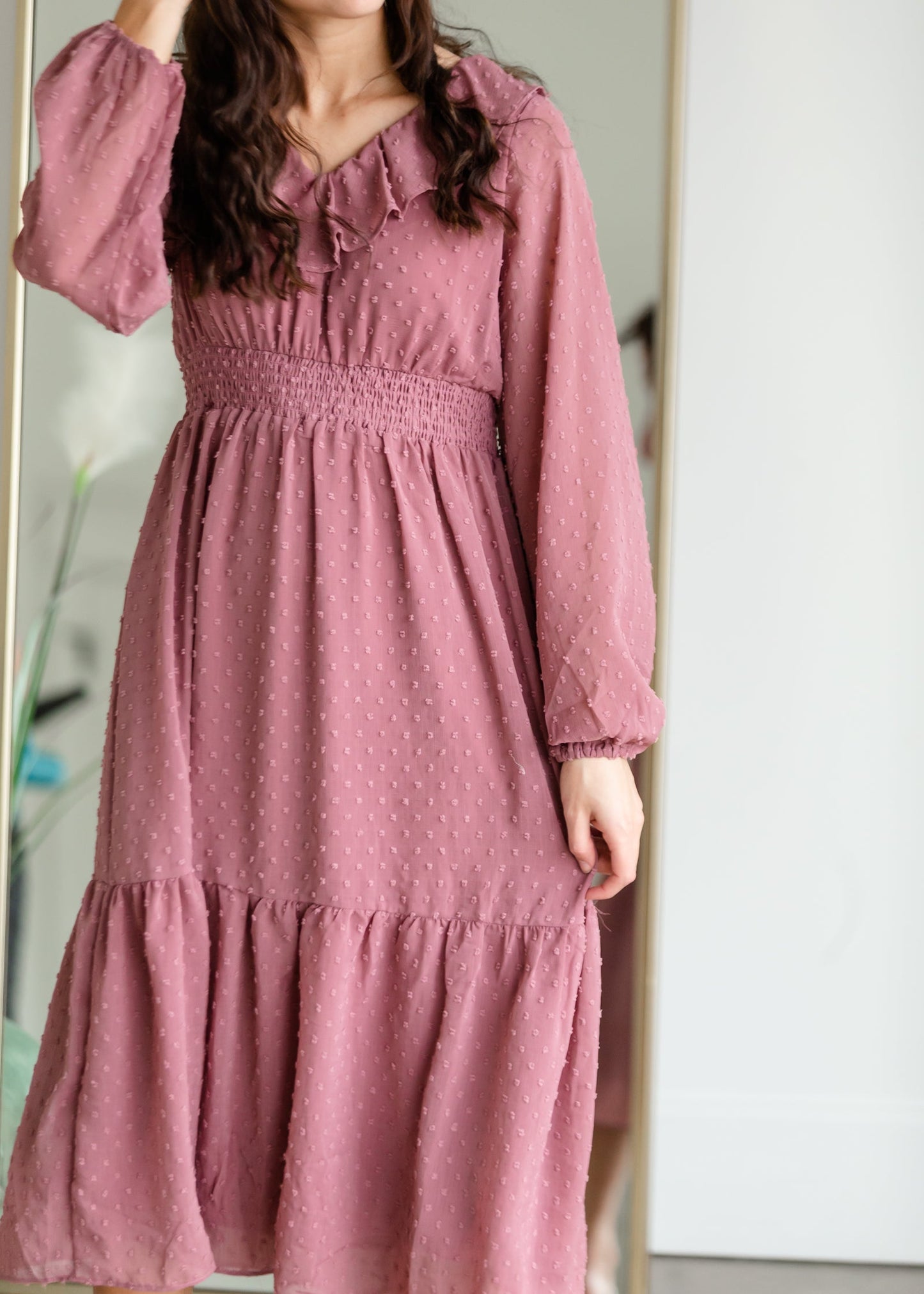 Swiss Dot Midi Dress With Ruffle Detail Dresses Polagram & BaeVely