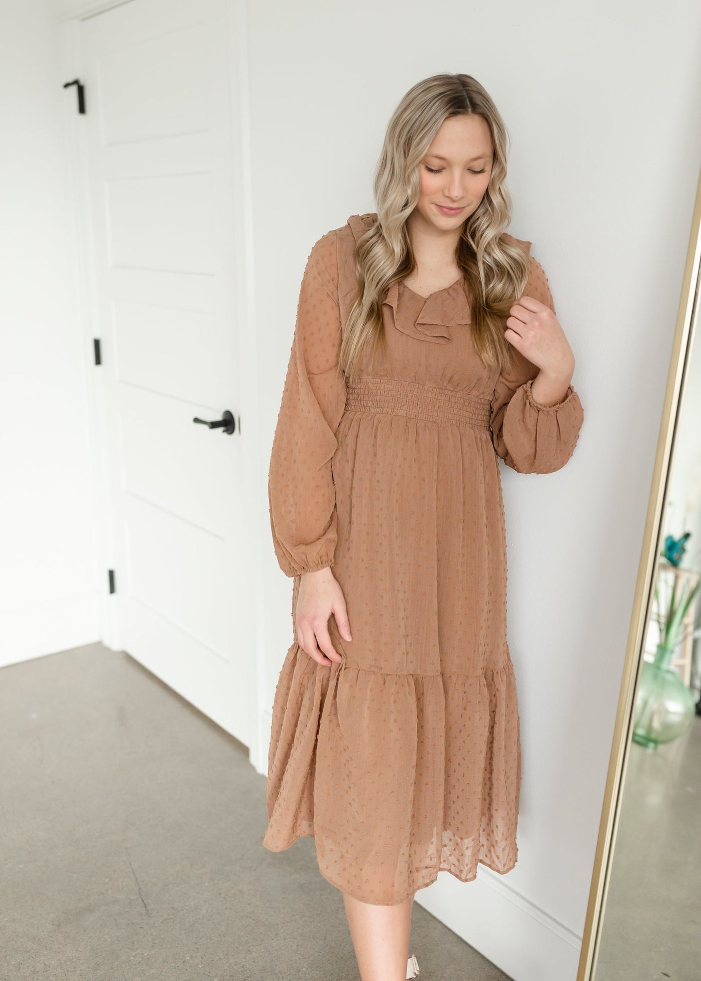 Swiss Dot Midi Dress With Ruffle Detail Dresses Polagram & BaeVely