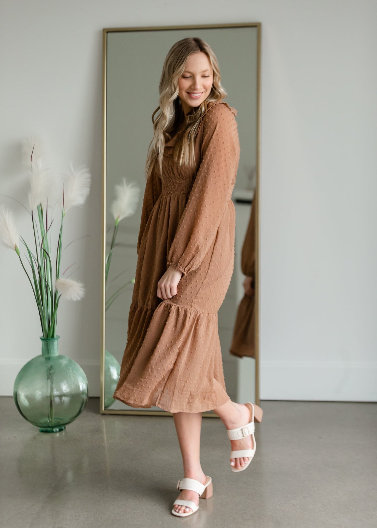 Swiss Dot Midi Dress With Ruffle Detail Dresses Polagram & BaeVely