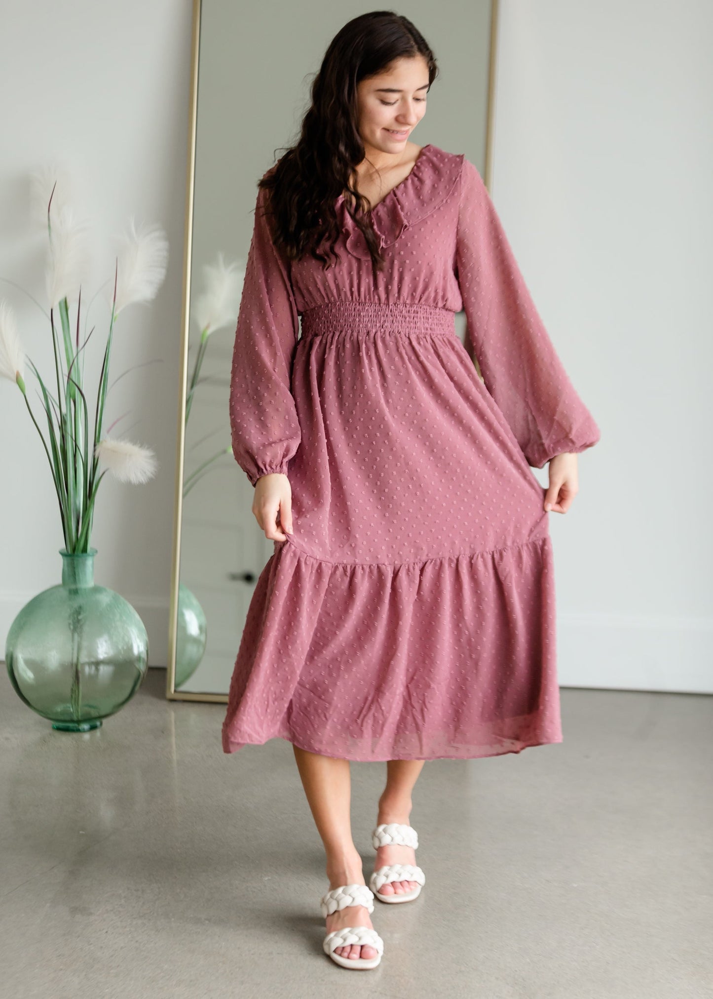 Swiss Dot Midi Dress With Ruffle Detail Dresses Polagram & BaeVely Purple / S