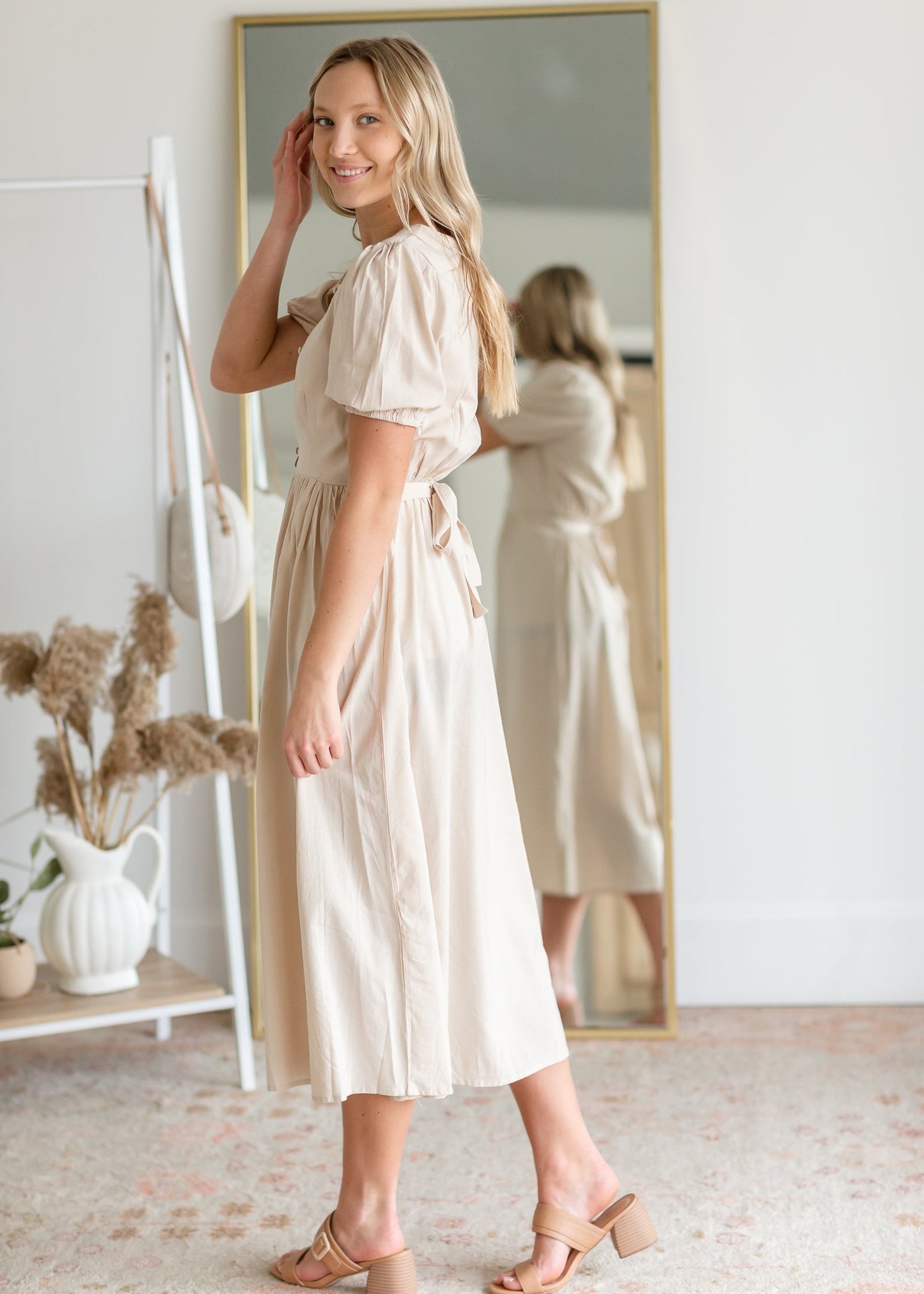 Taupe Button Up Puff Sleeve Dress Dresses Hayden Los Angeles