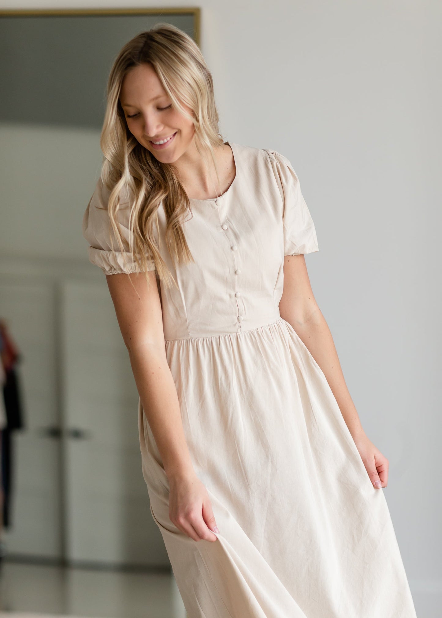 Taupe Button Up Puff Sleeve Dress Dresses Hayden Los Angeles