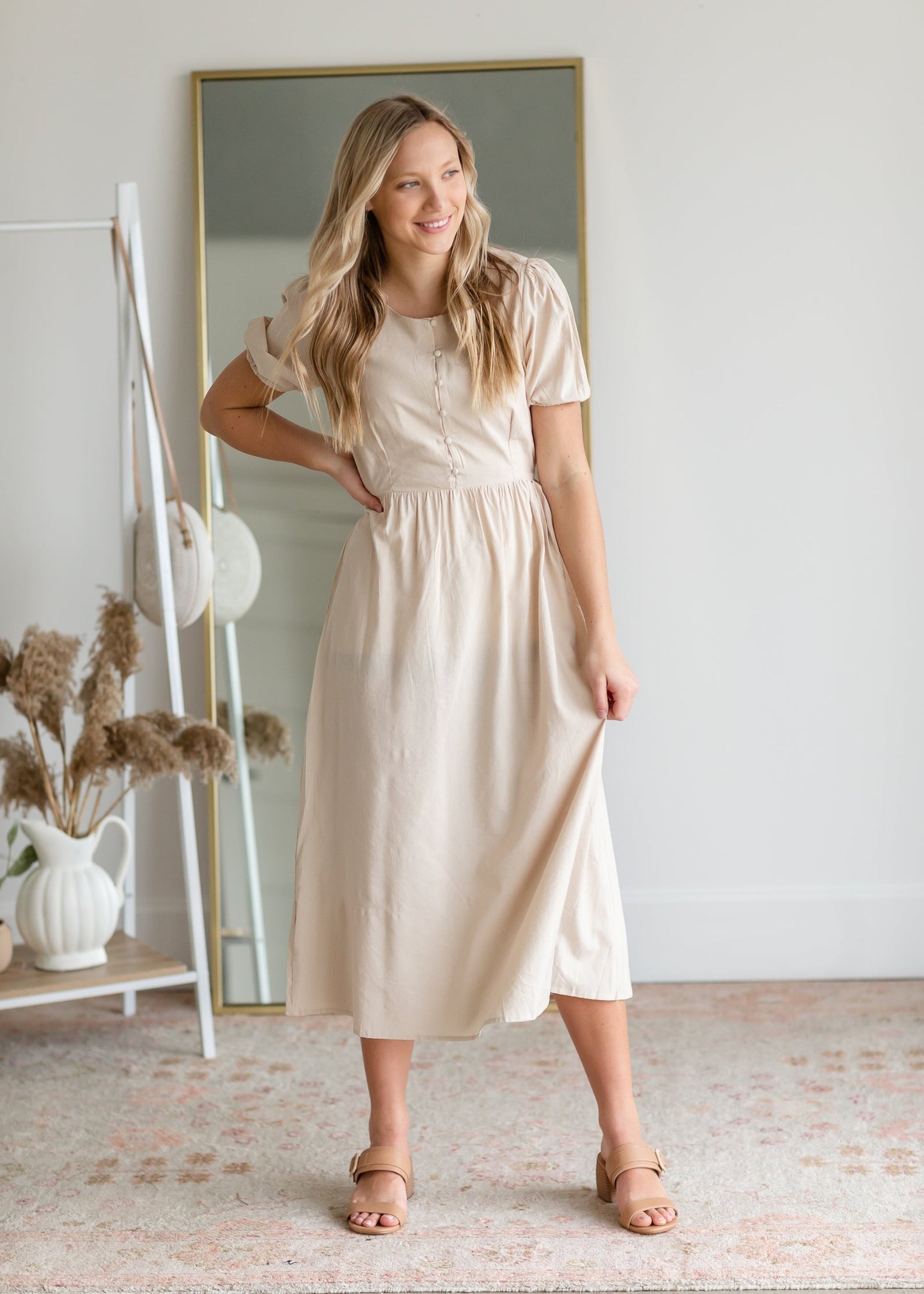 Taupe Button Up Puff Sleeve Dress Dresses Hayden Los Angeles