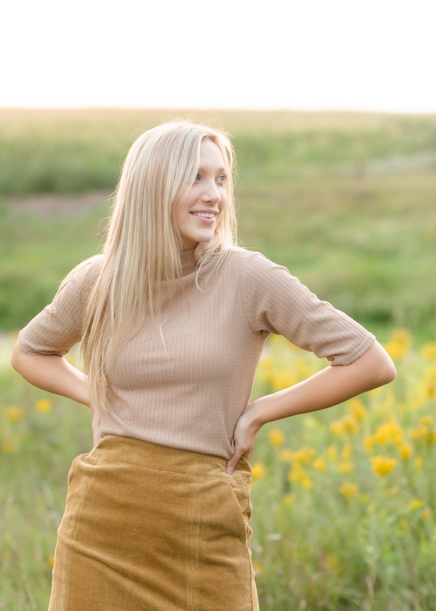 Textured Half Sleeve Mock Neck Top Tops Grade & Gather