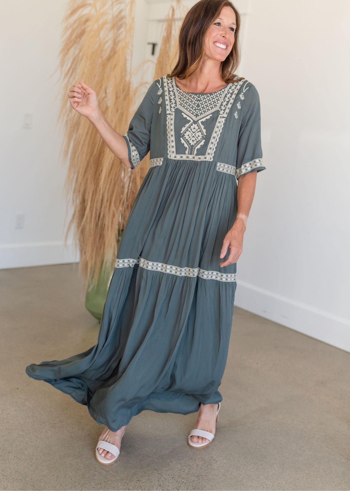 Tiered Embroidered Half Sleeve Maxi Dress Dresses Tea & Rose Evergreen / S
