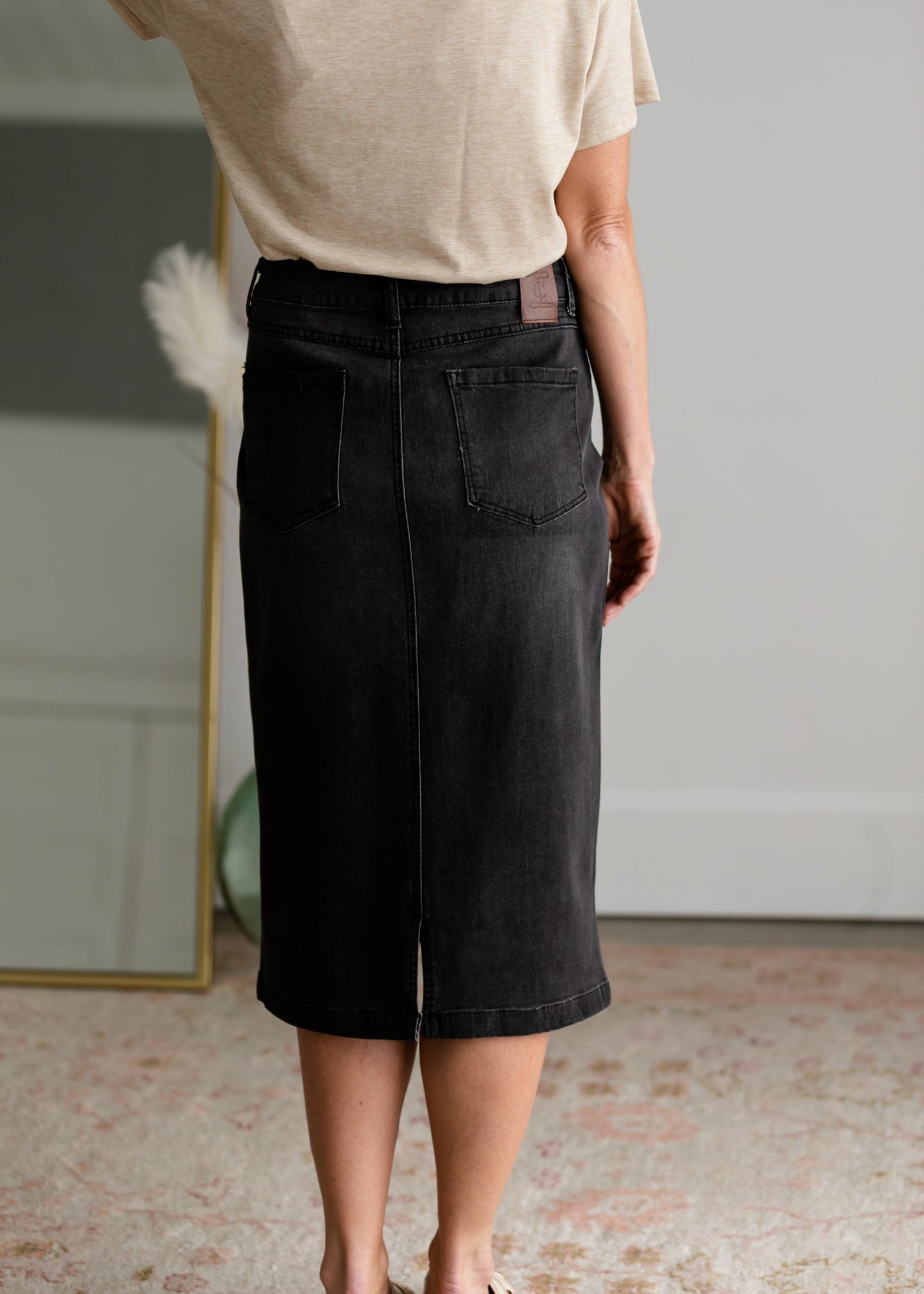 Tiffany Black Denim Midi Skirt Sheer Dent Beauty