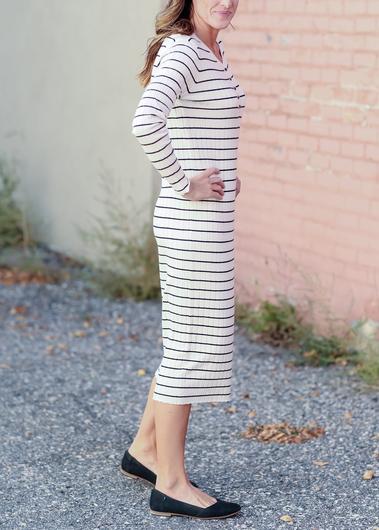 V-Neck Henley Long Sleeve Ribbed Stripe Midi Dress Dresses Tea N Rose