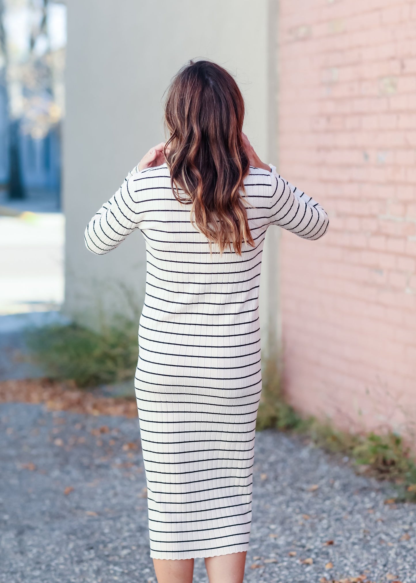 V-Neck Henley Long Sleeve Ribbed Stripe Midi Dress Dresses Tea N Rose