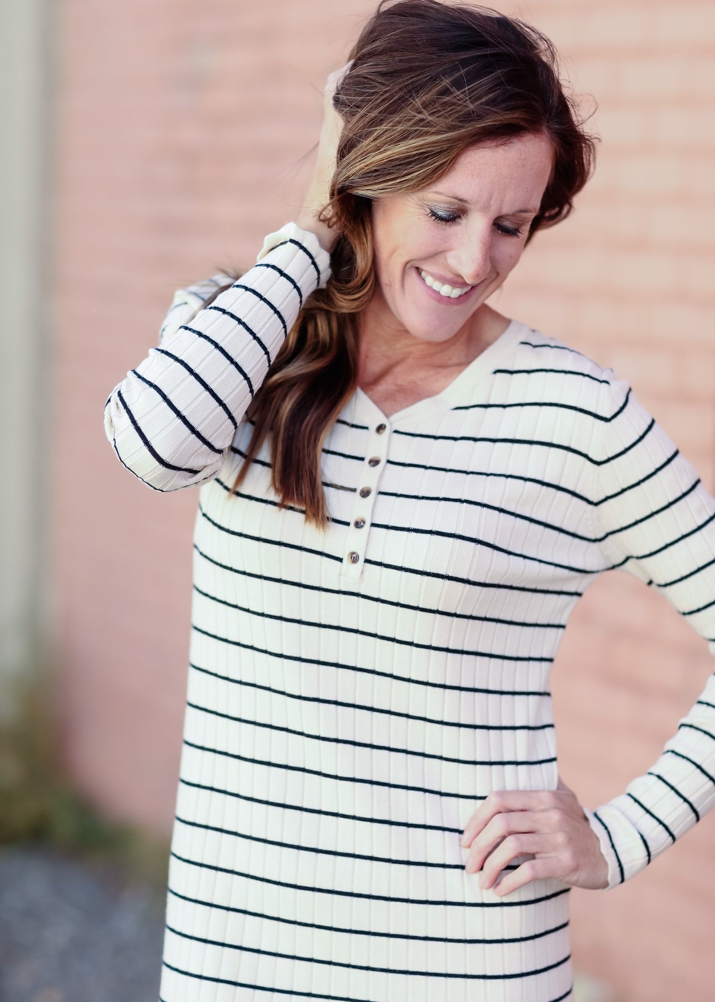 V-Neck Henley Long Sleeve Ribbed Stripe Midi Dress Dresses Tea N Rose