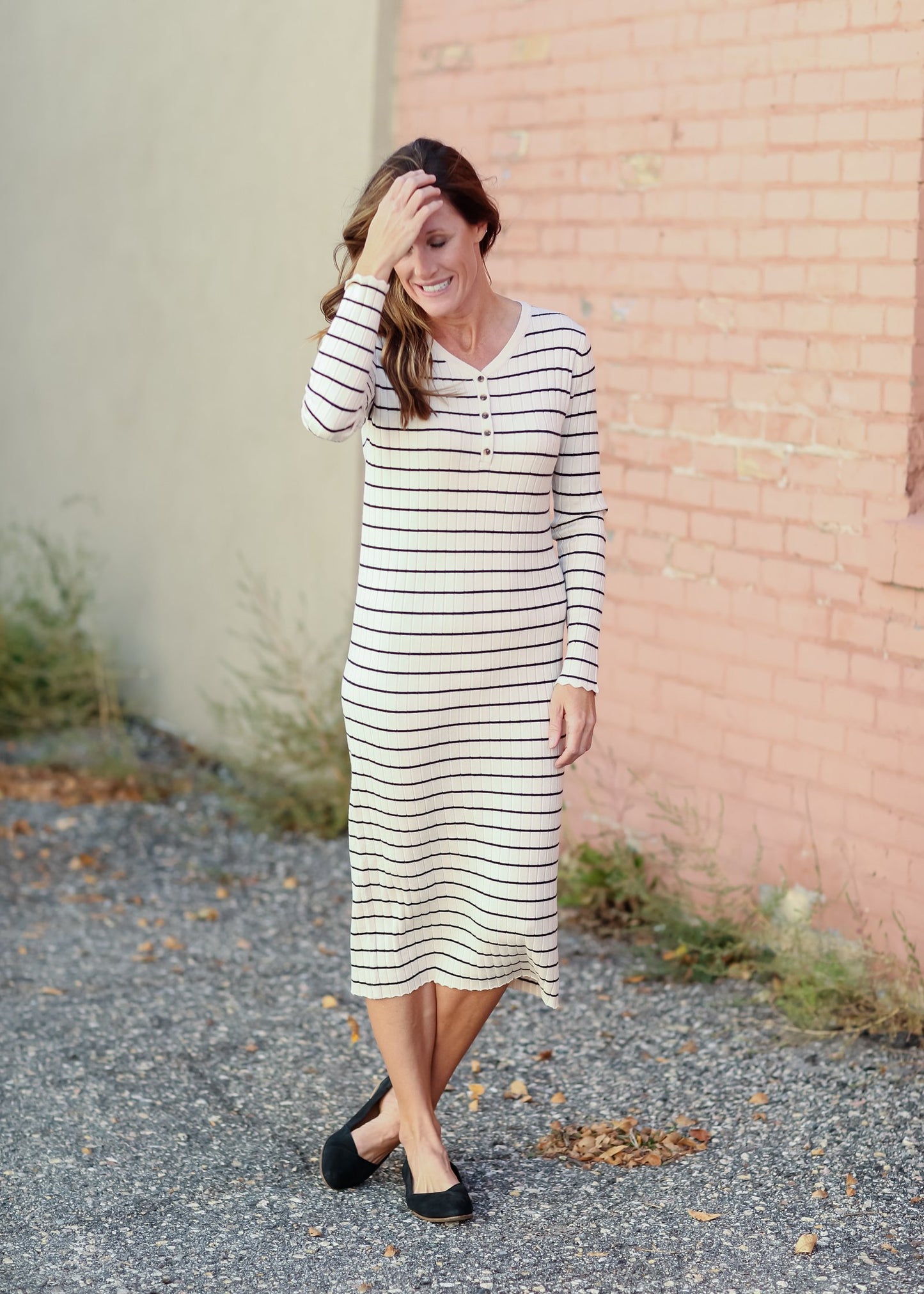 V-Neck Henley Long Sleeve Ribbed Stripe Midi Dress Dresses Tea N Rose