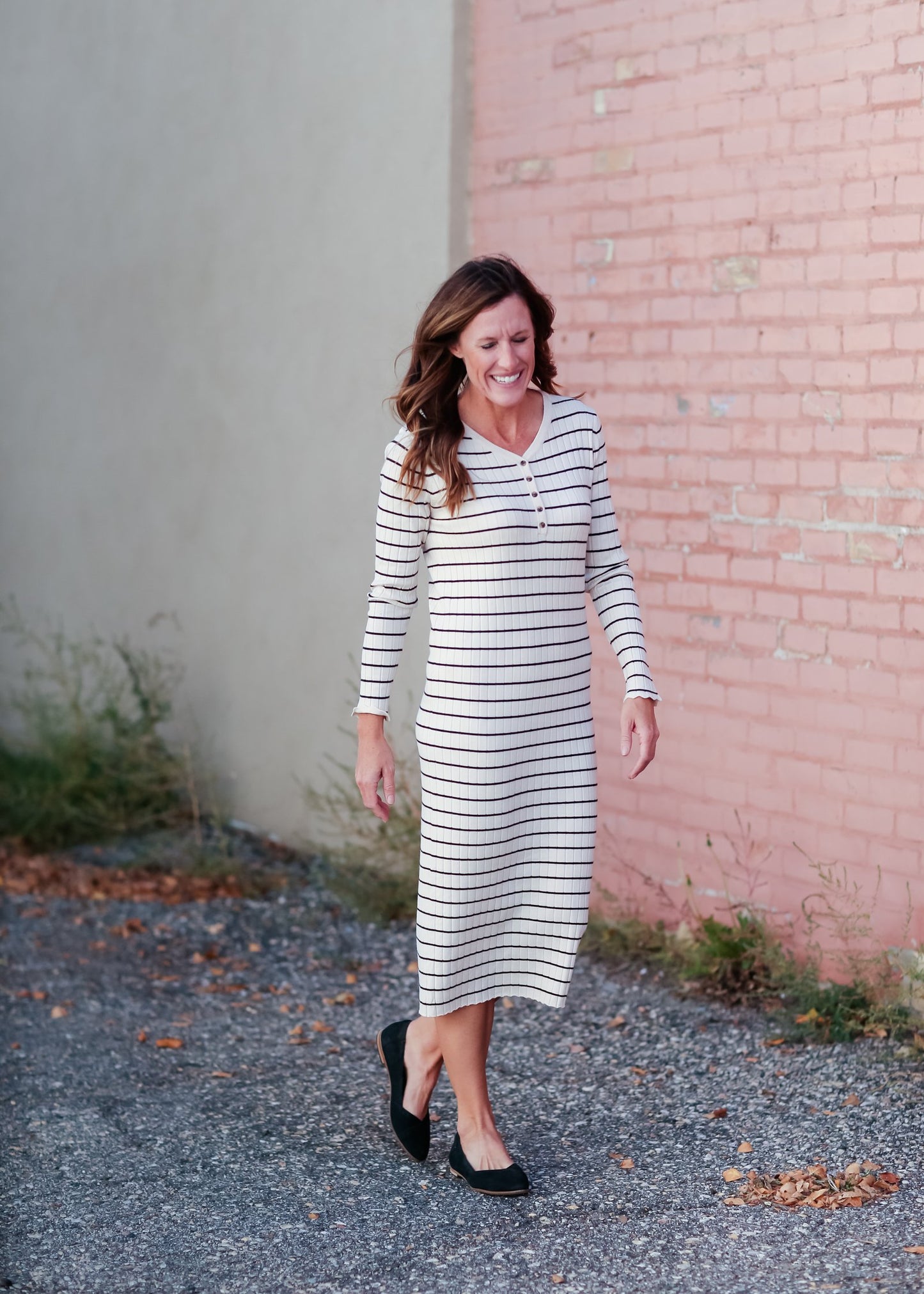 V-Neck Henley Long Sleeve Ribbed Stripe Midi Dress Dresses Tea N Rose