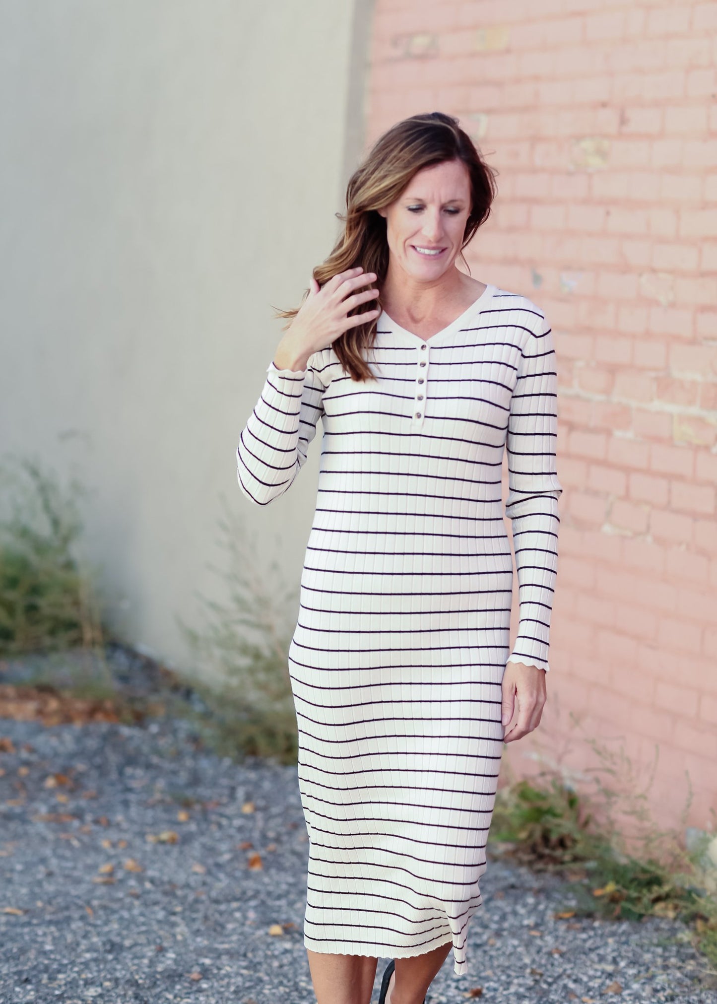 V-Neck Henley Long Sleeve Ribbed Stripe Midi Dress Dresses Tea N Rose