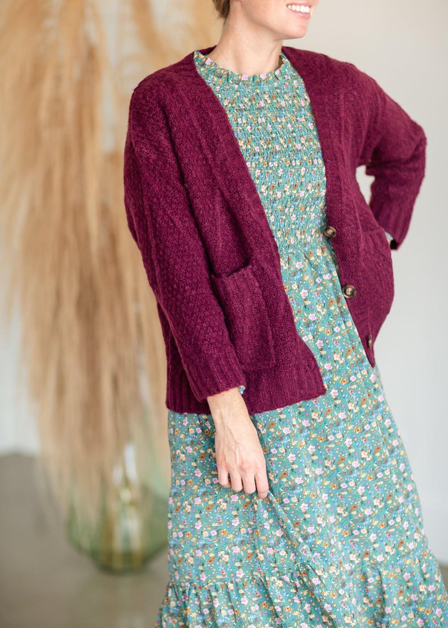 Vintage Soft Cable Knit Long Sleeve Button Front Cardigan Tops Tulip B Wine / S/M