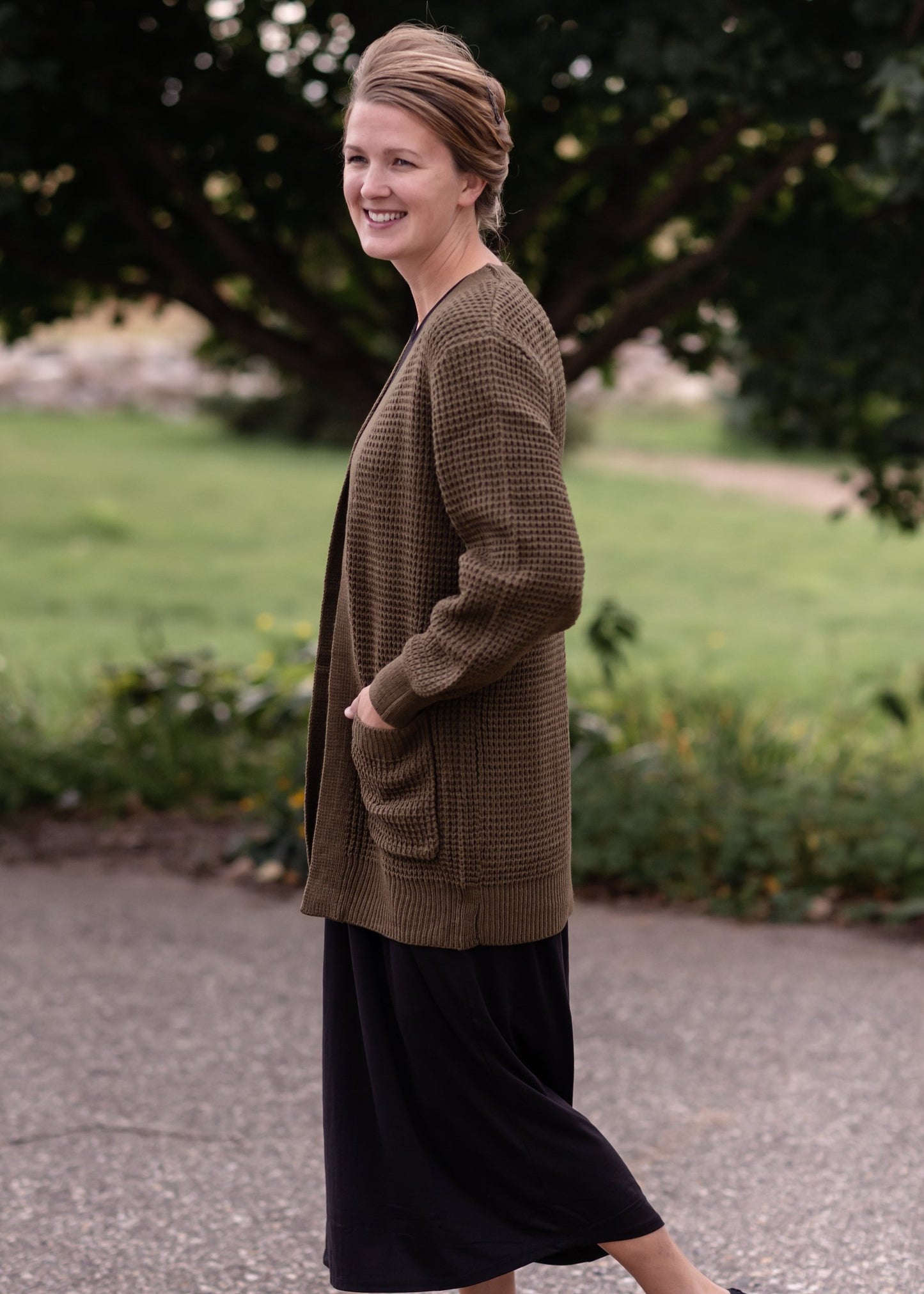 Waffle Knit Open Front Olive Cardigan Tops Zenana