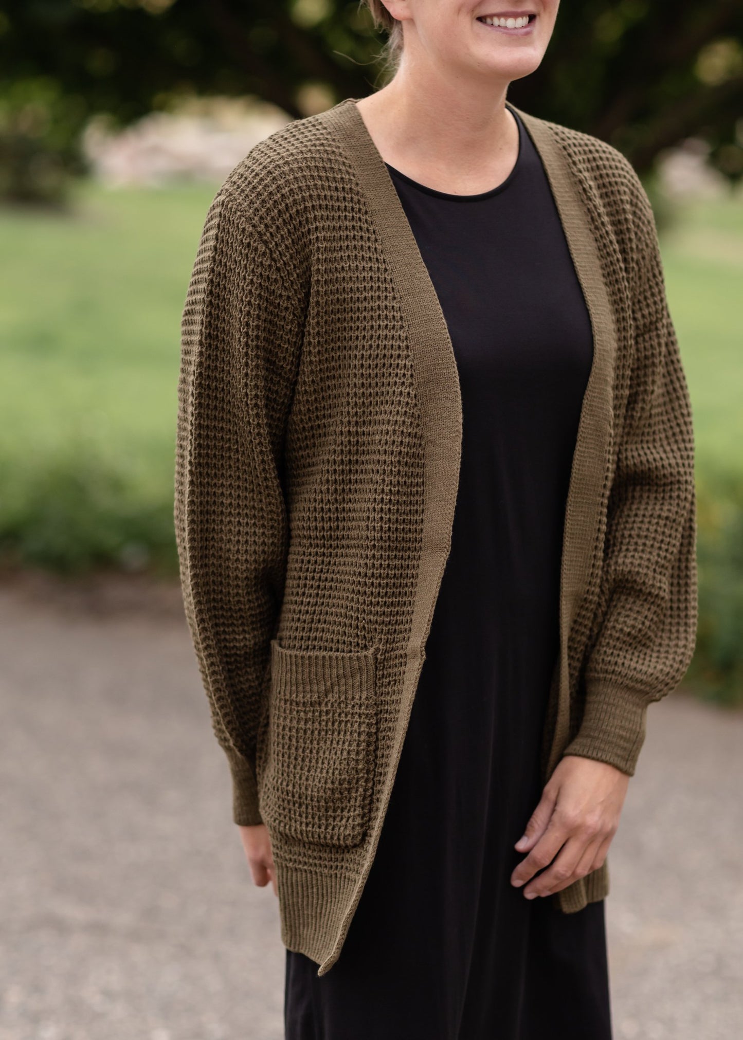 Waffle Knit Open Front Olive Cardigan Tops Zenana