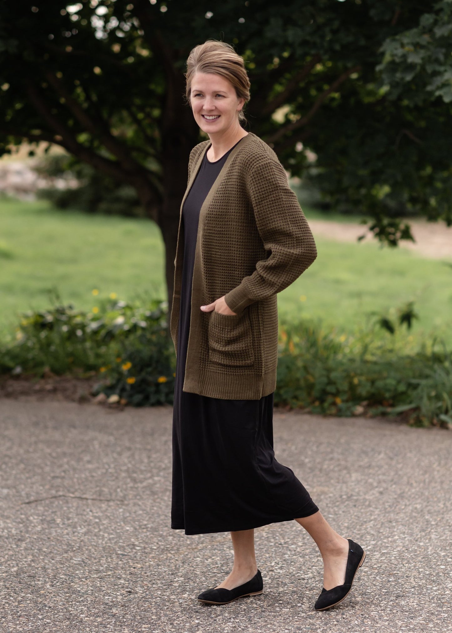 Waffle Knit Open Front Olive Cardigan Tops Zenana