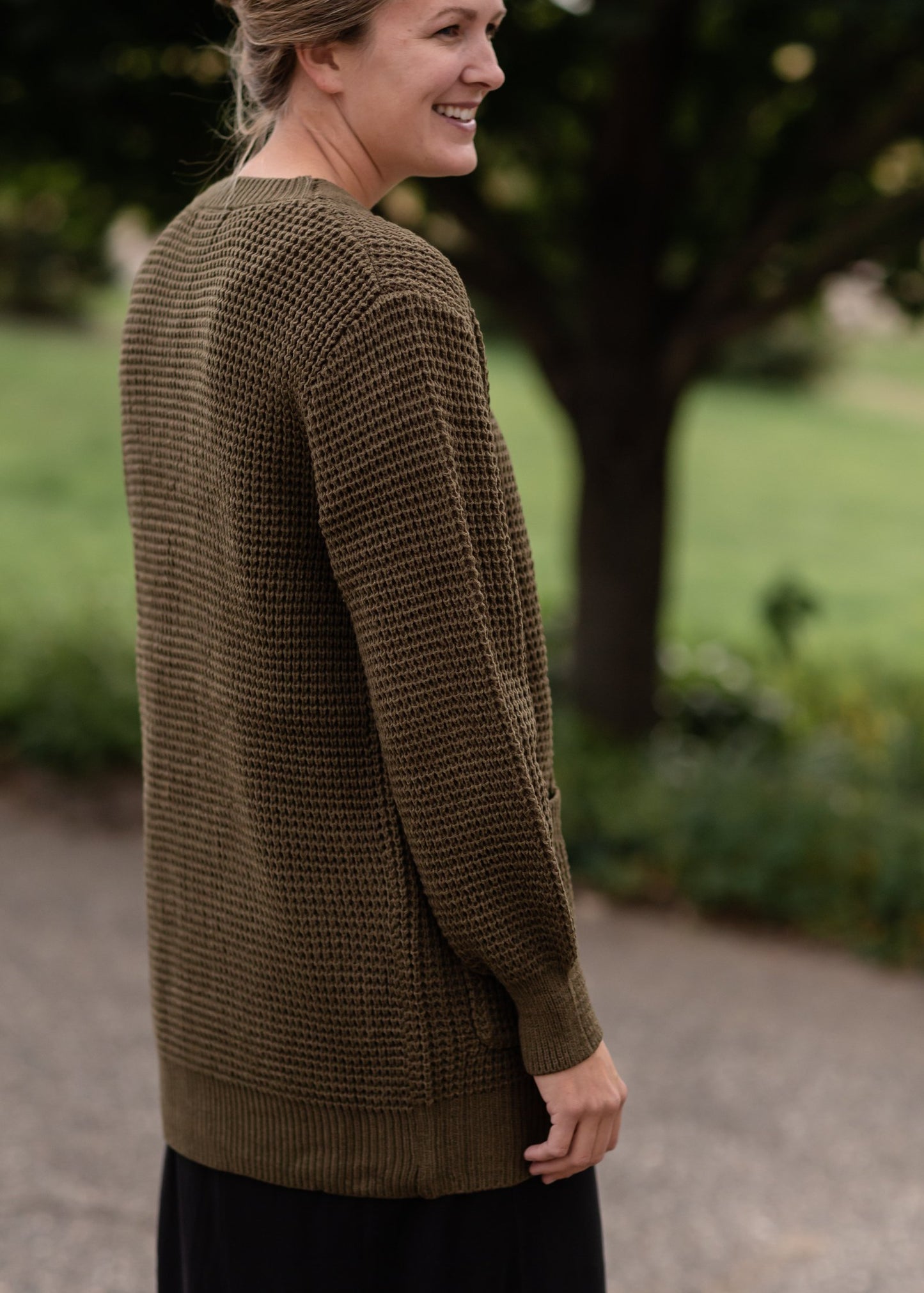 Waffle Knit Open Front Olive Cardigan Tops Zenana