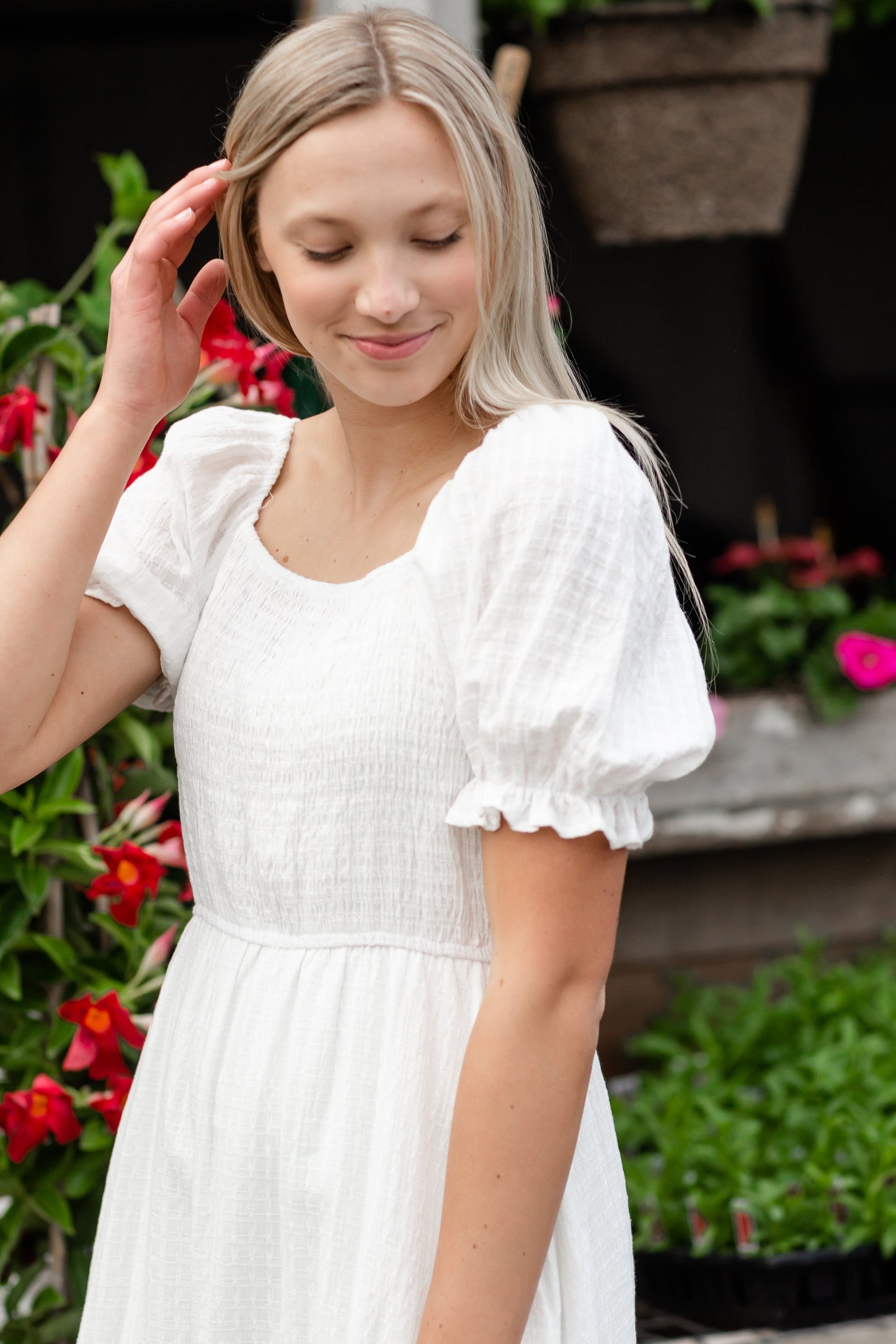 White Square Neck Smocked Bodice Midi Dress Dresses Hayden