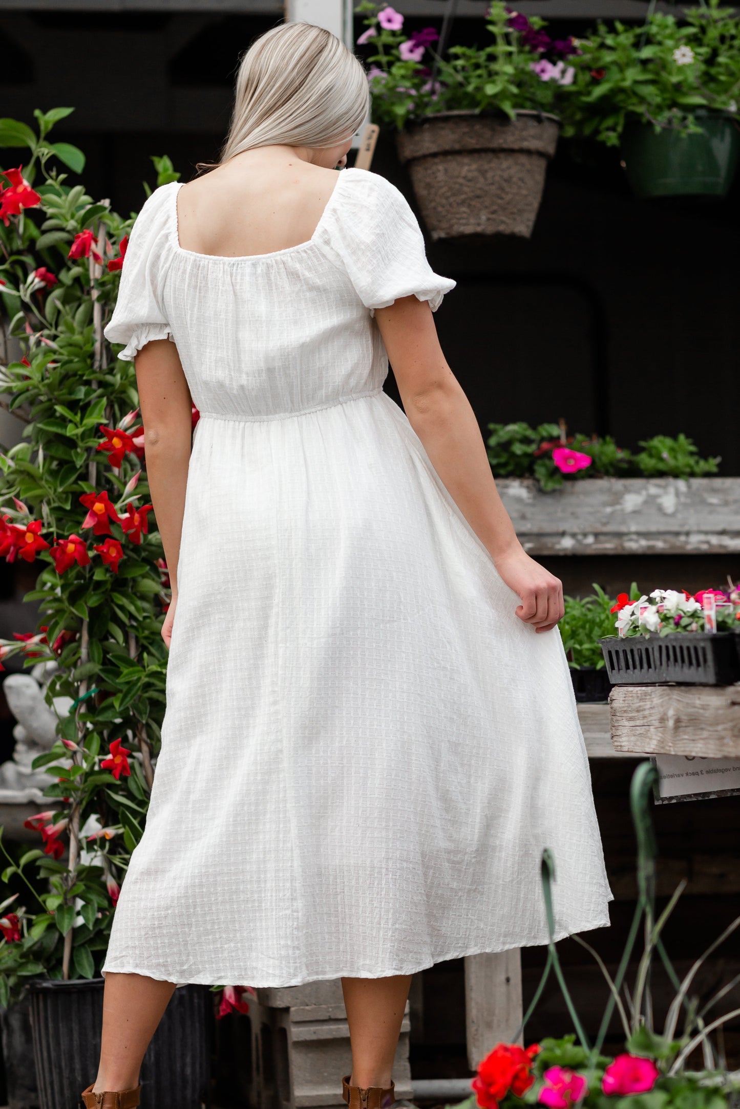 White Square Neck Smocked Bodice Midi Dress Dresses Hayden