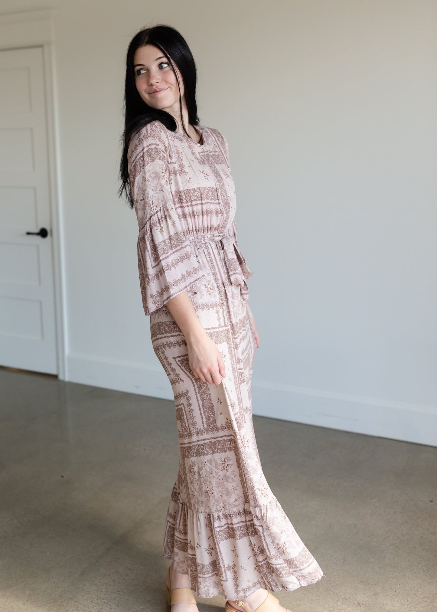 Willa Dusty Rose Flutter Bell Sleeve Maxi Dress Dresses Inherit