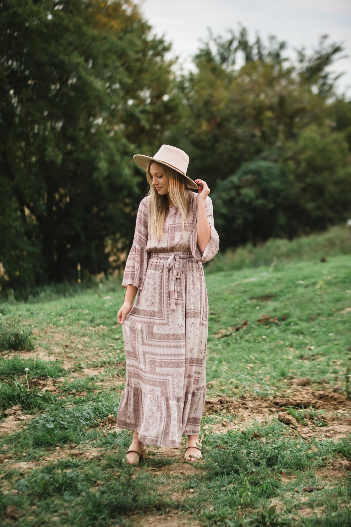 Willa Dusty Rose Flutter Bell Sleeve Maxi Dress Dresses Inherit