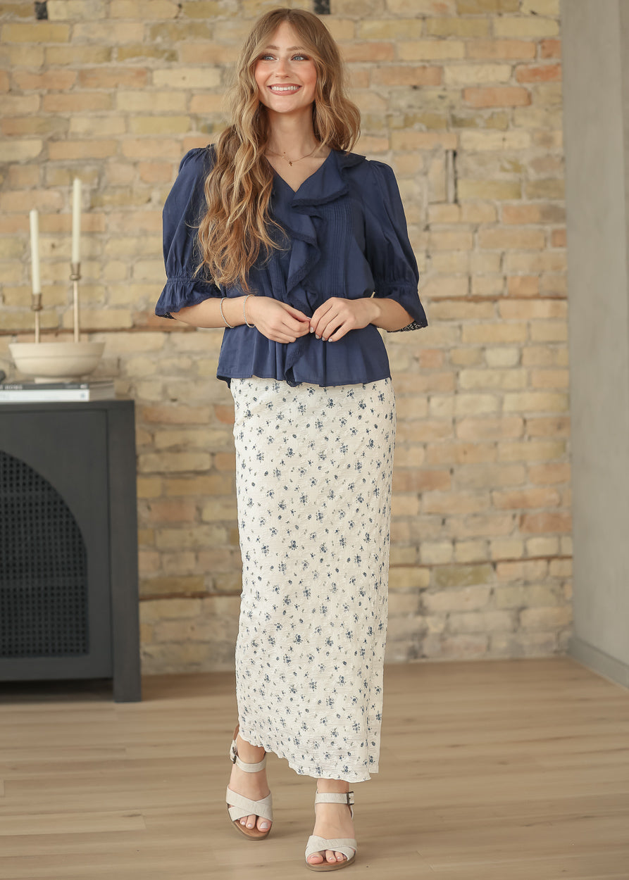 Textured Blue Floral Maxi Skirt
