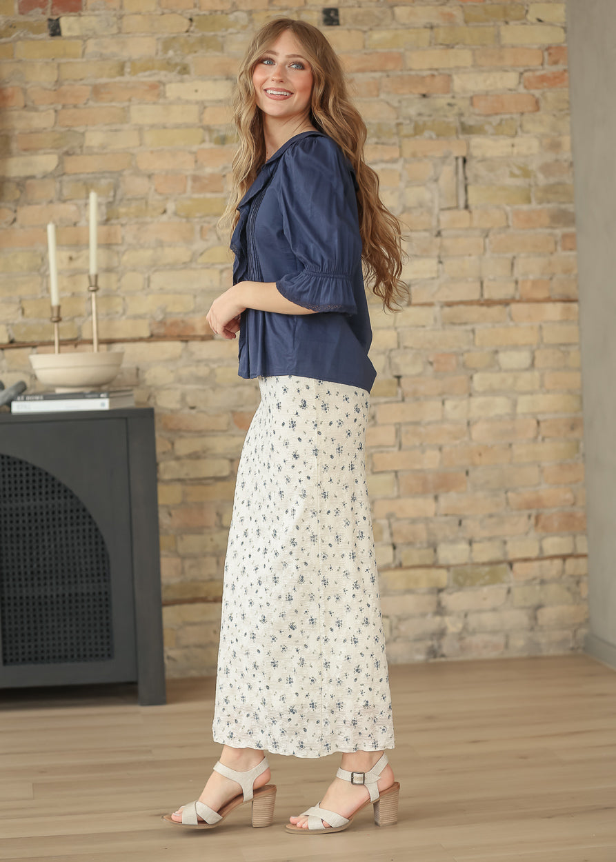 Textured Blue Floral Maxi Skirt