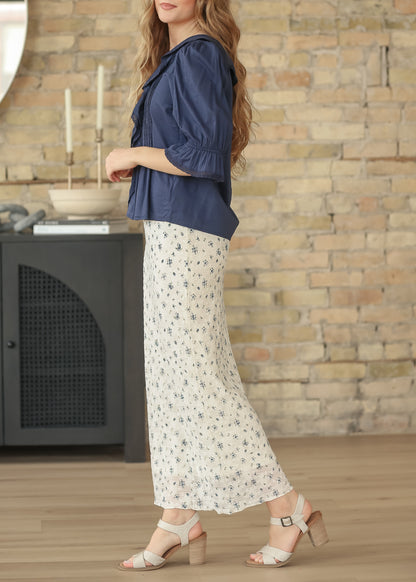 Textured Blue Floral Maxi Skirt