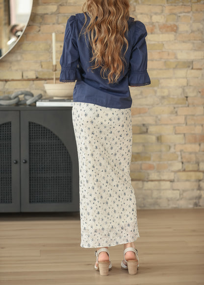 Textured Blue Floral Maxi Skirt