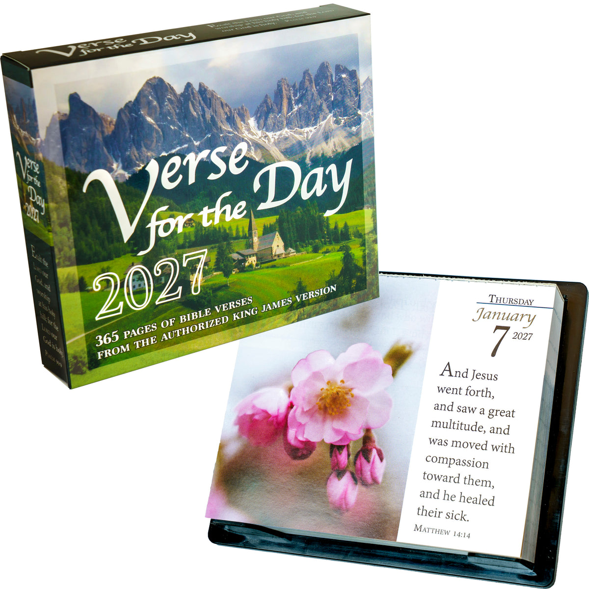 2027 Verse for the Day calendar box with open daily KJV calendar and floral page.